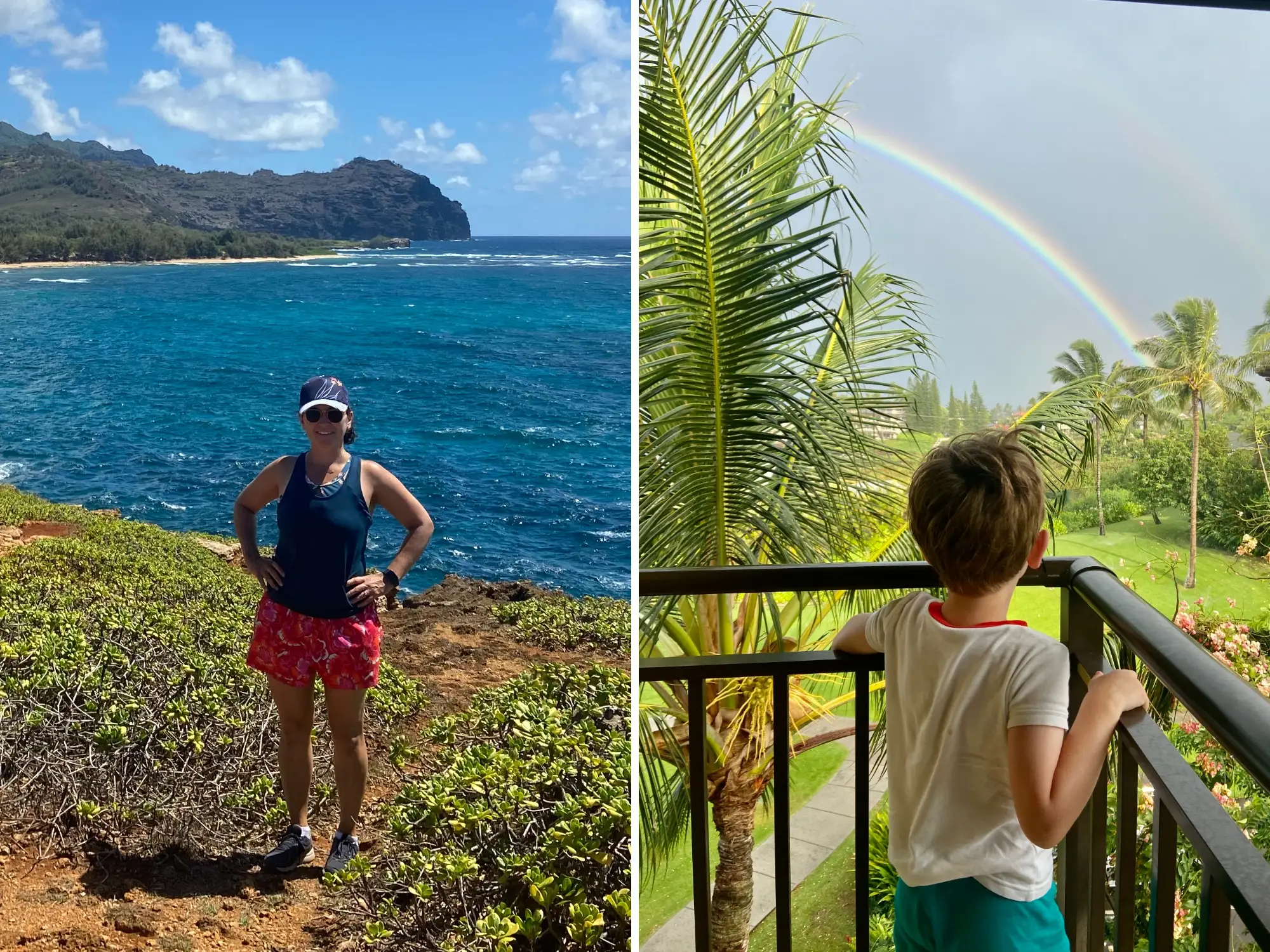 Composite image, on the left is the the author on a beach in Kauai, and on the right, her son is looking out at a rainbow from a balcony