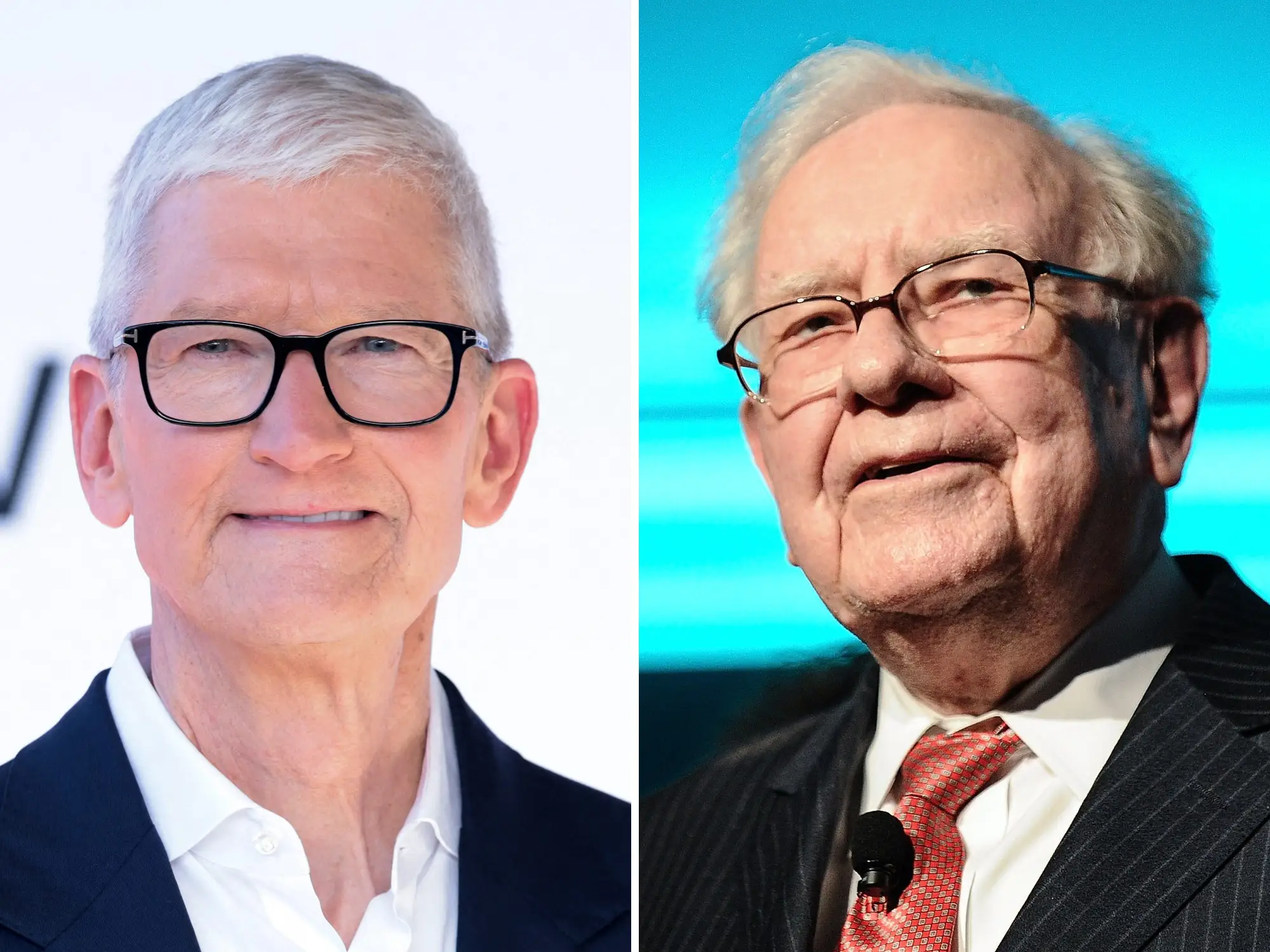 A side-by-side image of Tim Cook and Warren Buffett