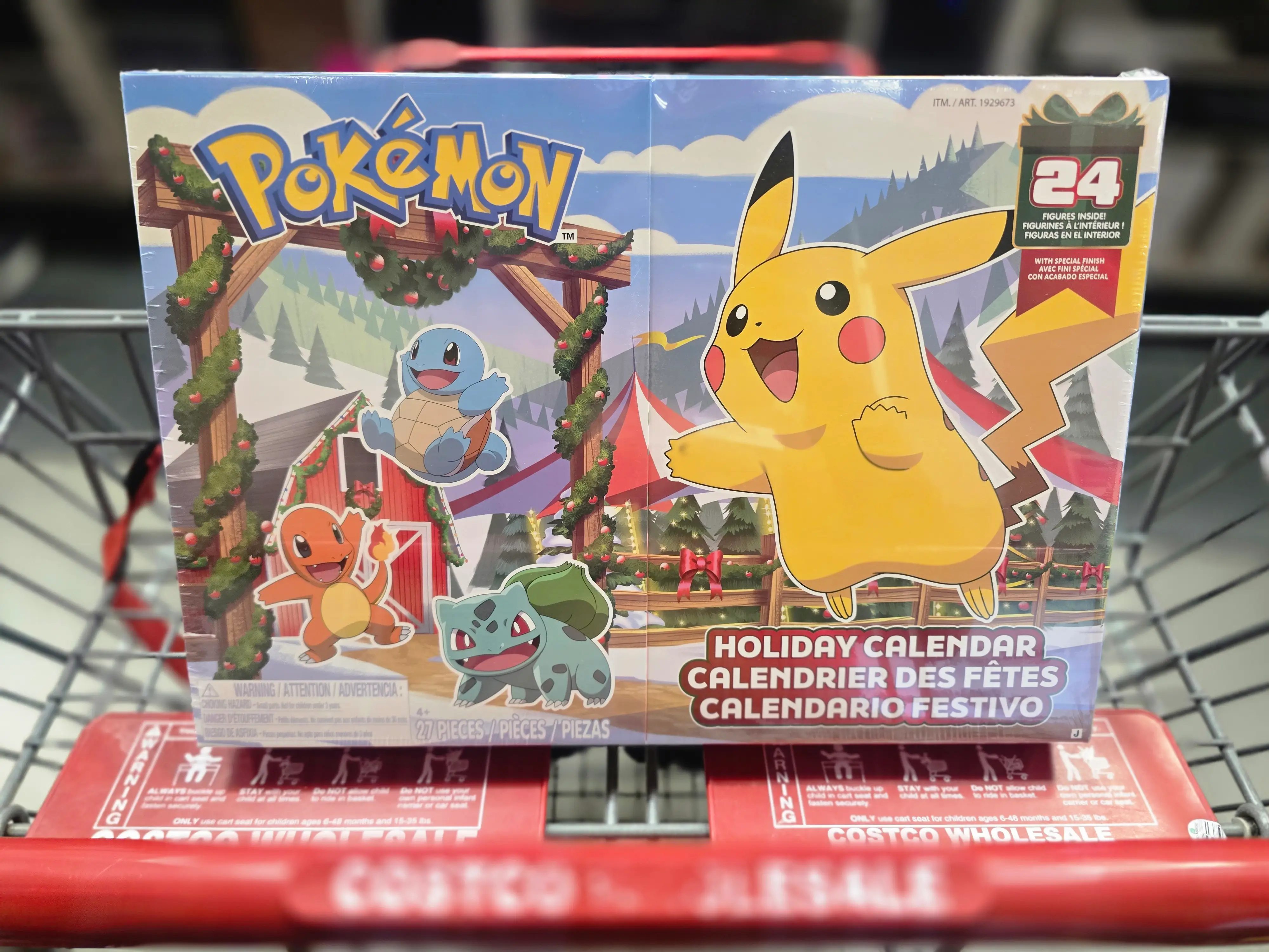 A Pokémon holiday calendar in a cart at Costco.