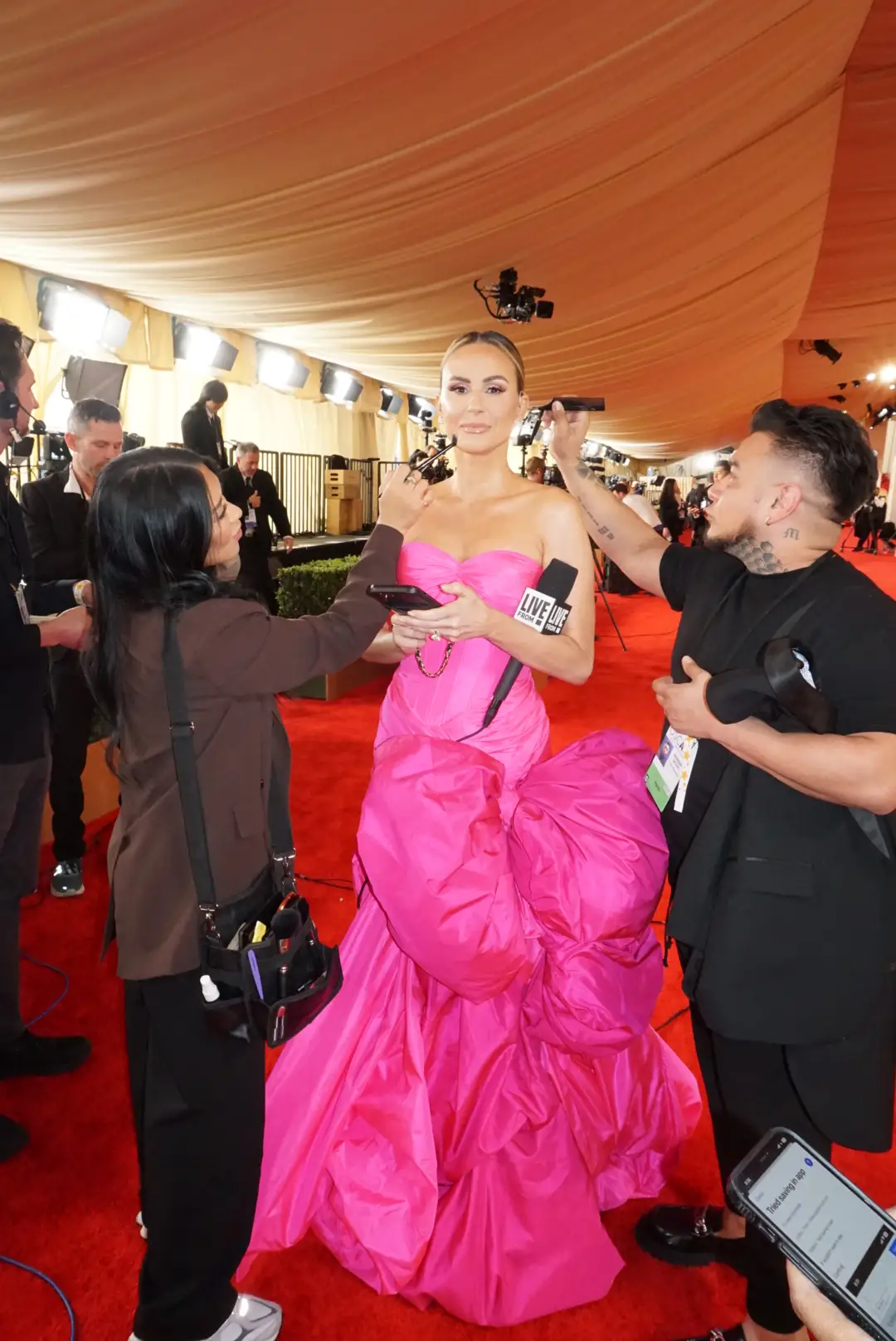 Keltie Knight in a pink dress on a red carpet