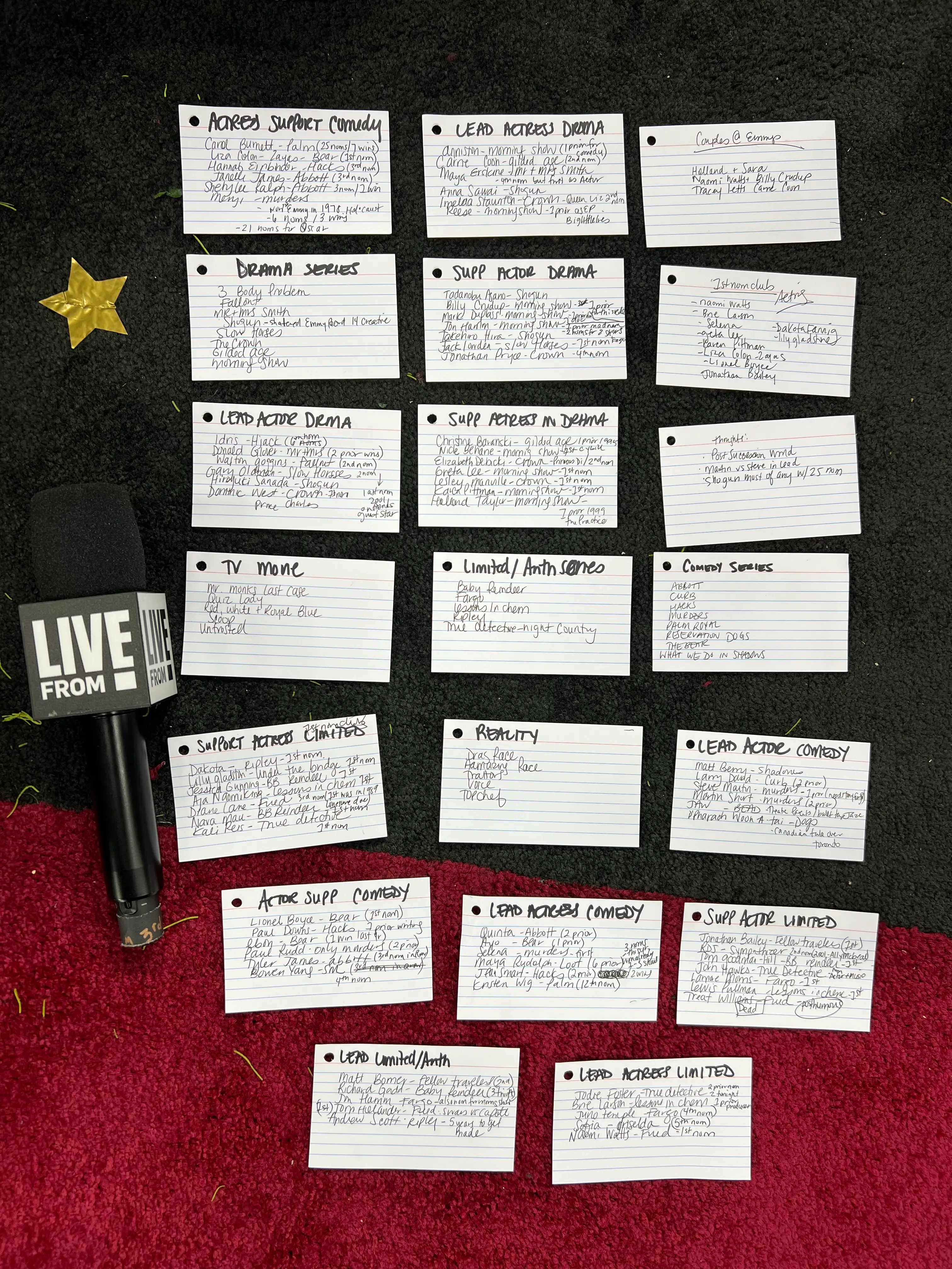 a stack of notecards on a red carpet