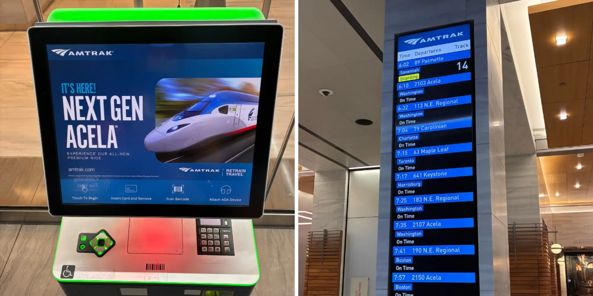 Composite of Amtrak Acela on screen next to train arrival/departure board