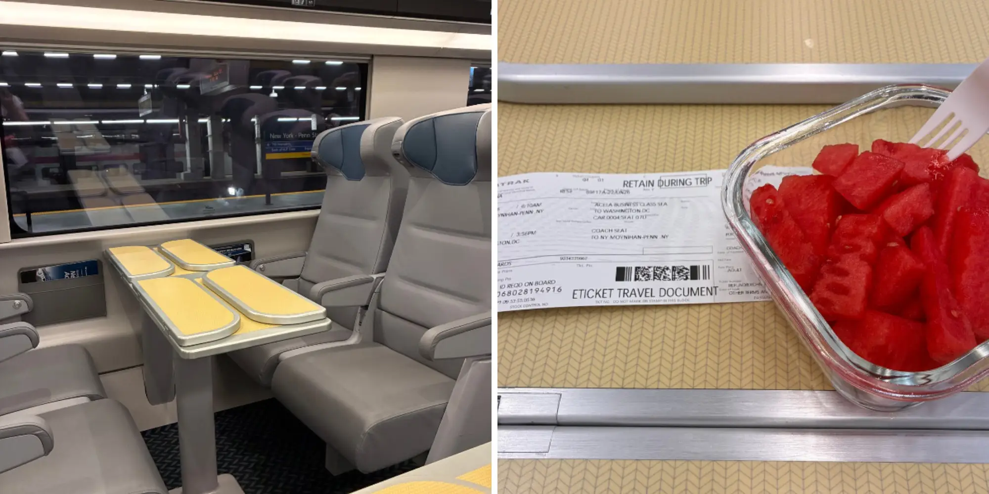 Seats on Amtrak train with table next to image of watermelon in container with Amtrak ticket