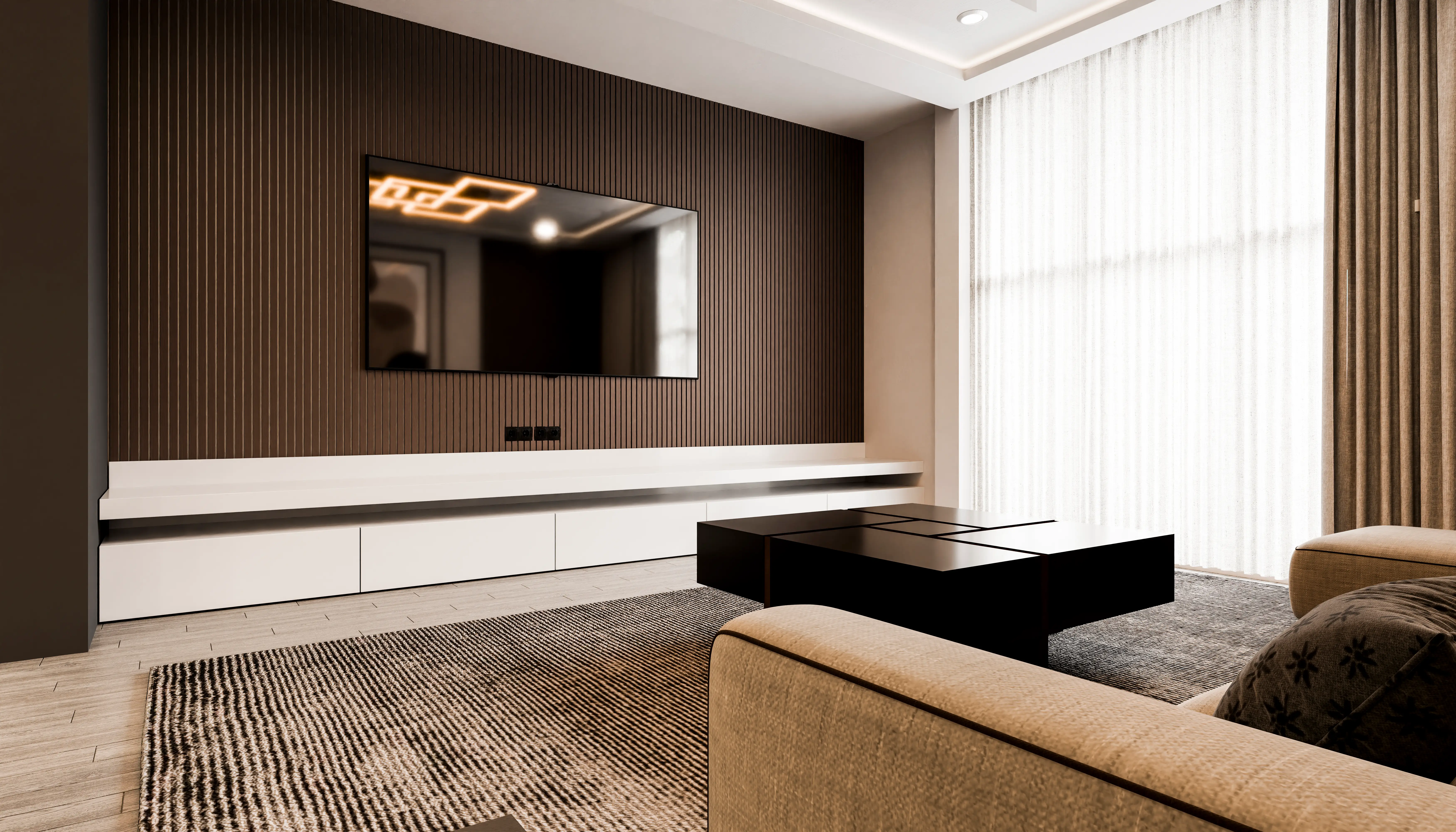 Brown wall with tv mounted on it next to window