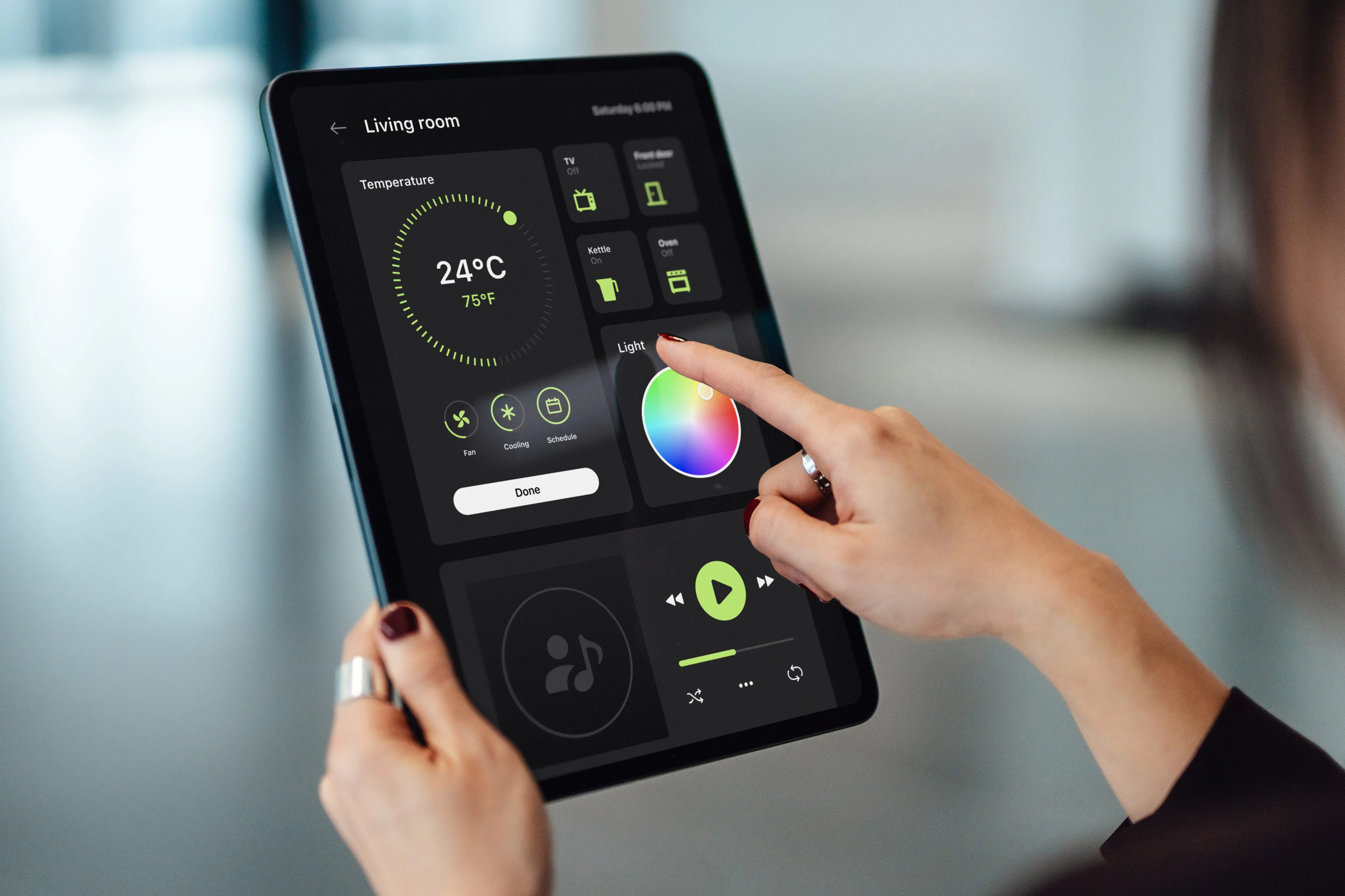 hand controlling smart electronic appliances with control panel