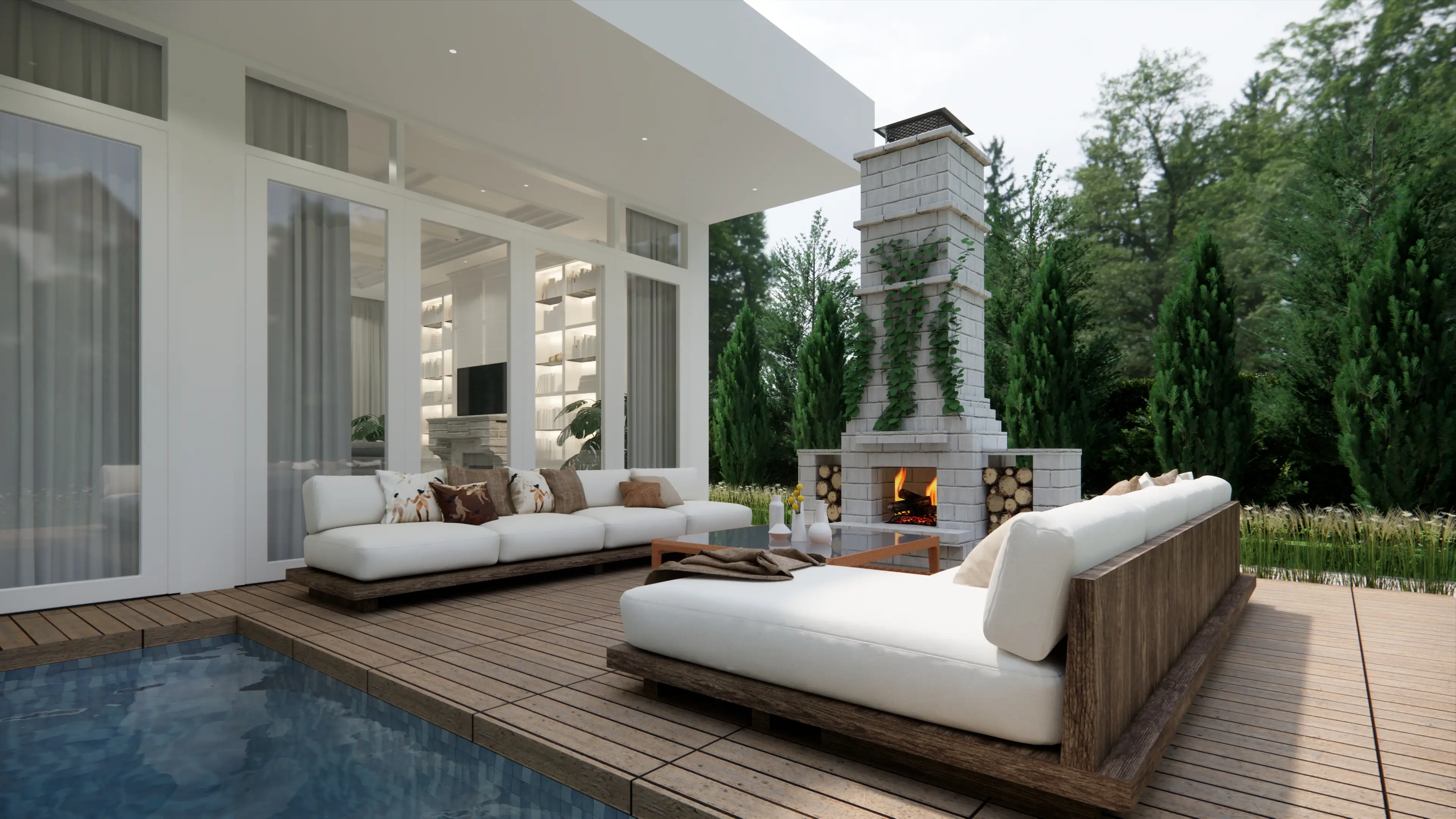Outdoor space with white couches, fireplace