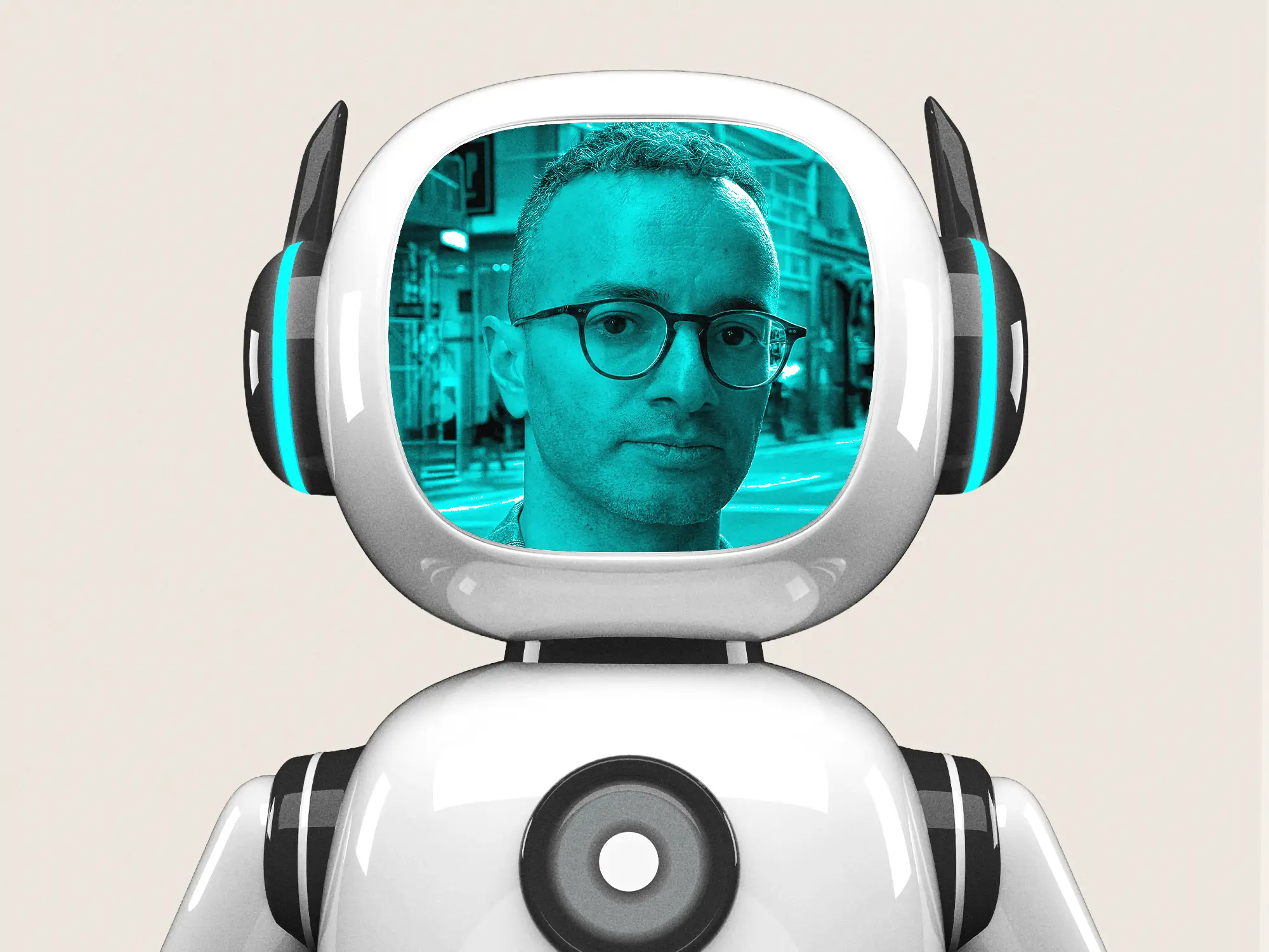 Portrait of Ryan Kailath displayed on a robot's screen face.