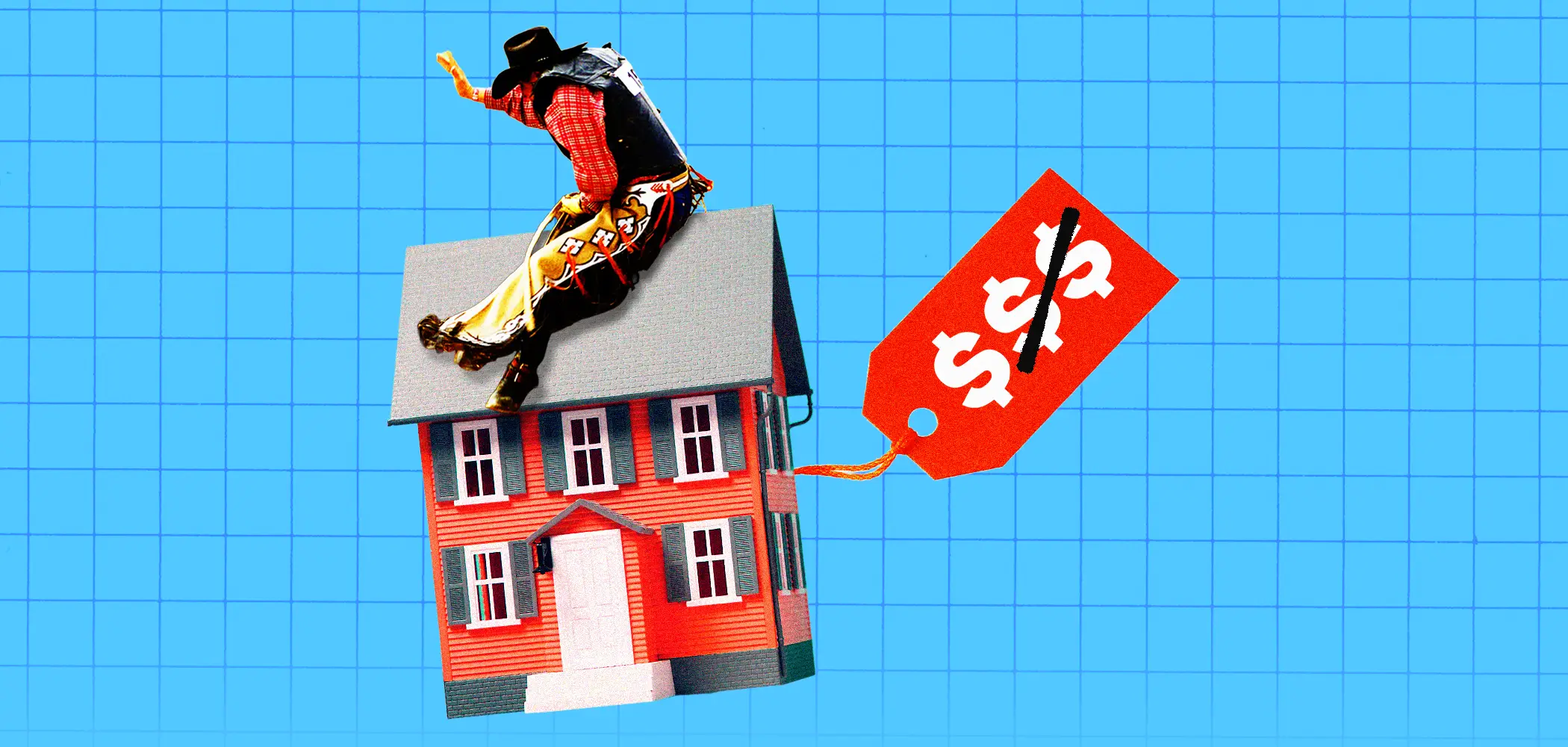 A cowboy riding a house with a slashed price tag