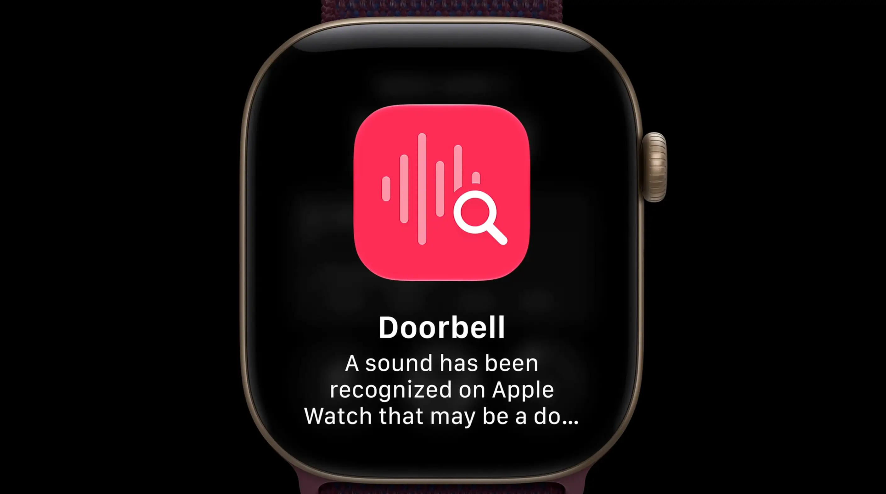 An Apple Watch with a push alert notifying the user about a nearby doorbell.