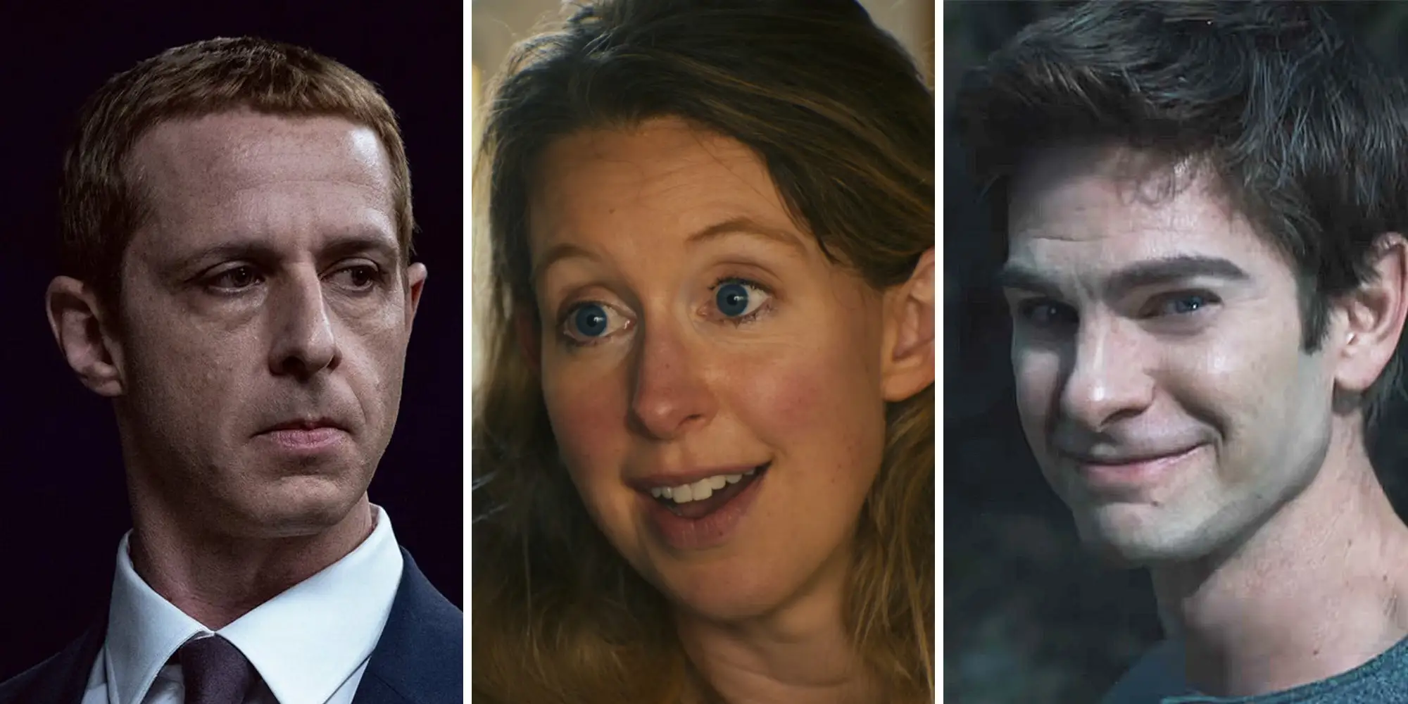Jeremy Strong as Mark Zuckerberg, Elizabeth Holmes in a documentary, and Andrew Garfield as Sam Altman.
