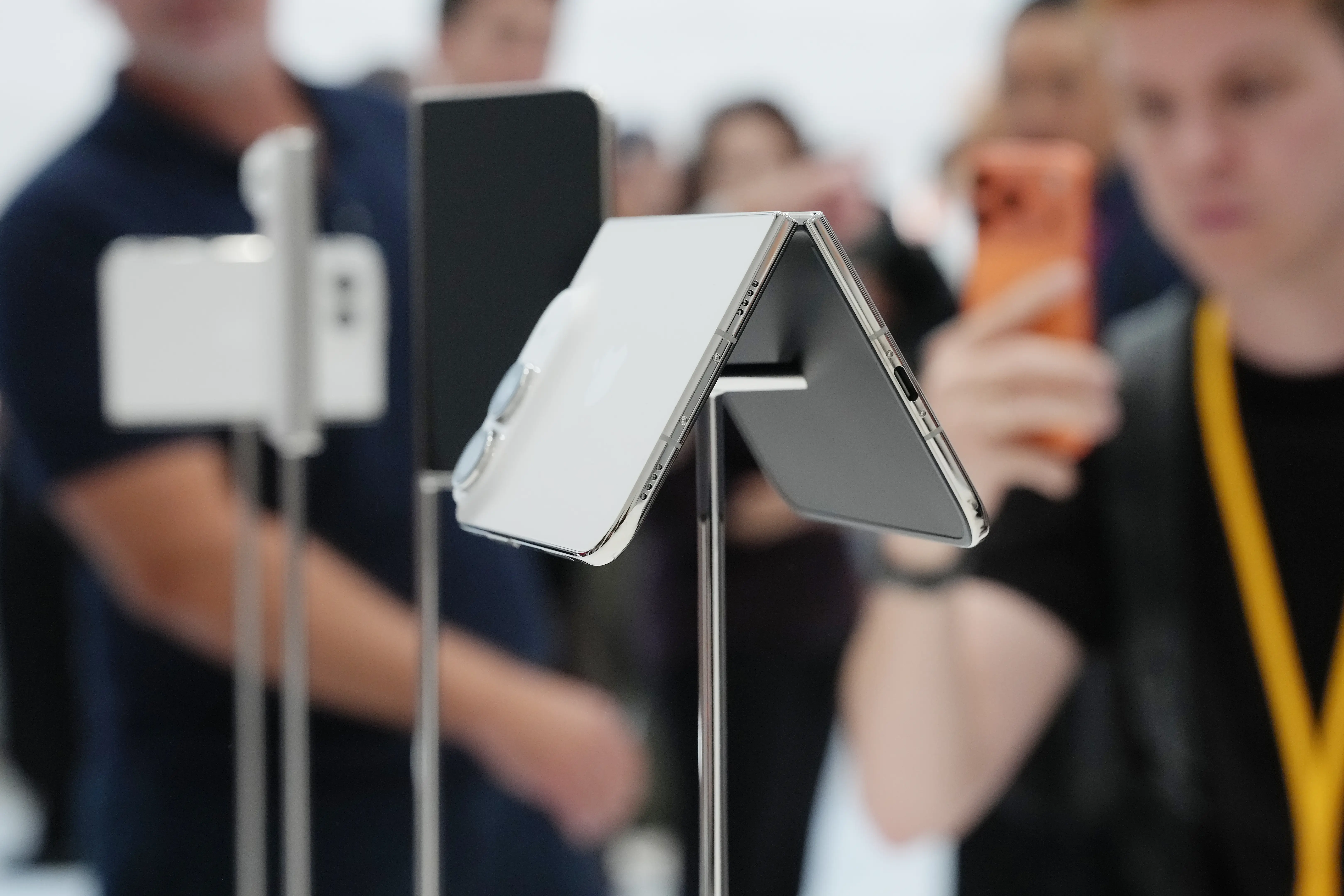 A foldable Apple iPhone, called the Duo, is on display.