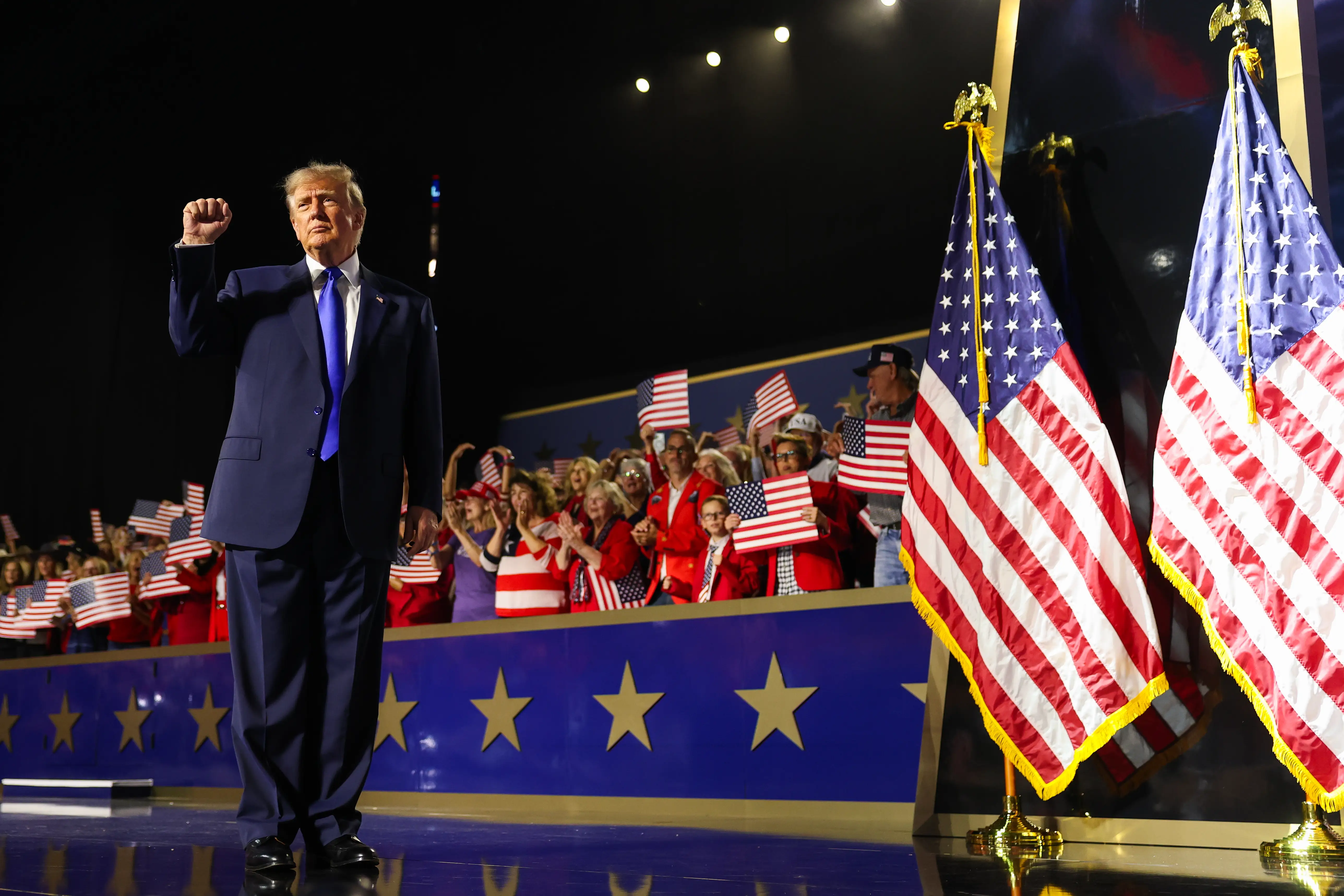 US President Donald Trump gestures after addressing attendees on the first day of the 2026 Republican National Convention at the American Airlines Center on September 09, 2026 in Dallas, Texas.
