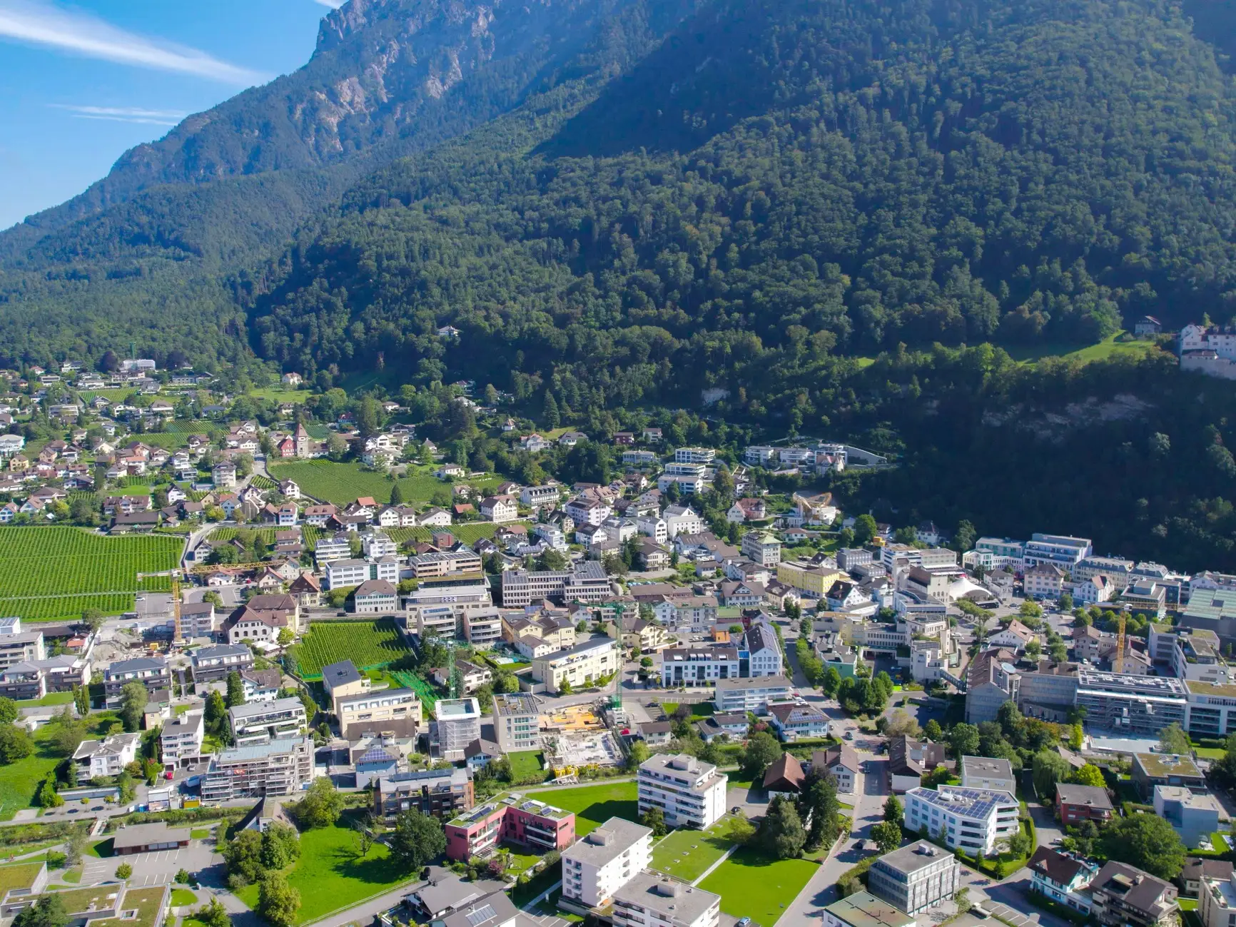 Aerial view of a town with homes, roads, green fields, and forested mountains rising in the background.
