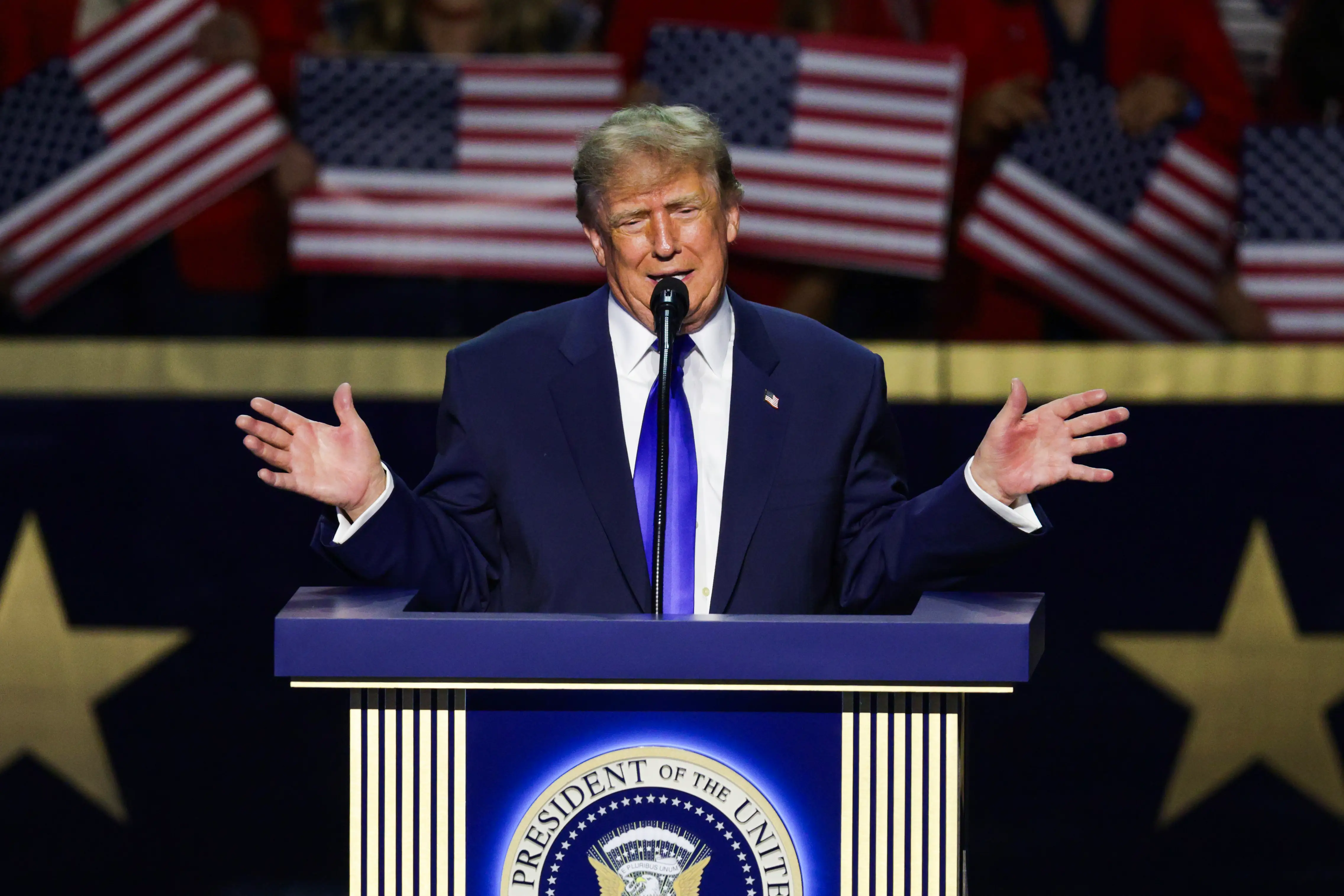 President Donald Trump speaks on stage on the first day of the 2026 Republican National Convention at the American Airlines Center on September 09, 2026 in Dallas, Texas.