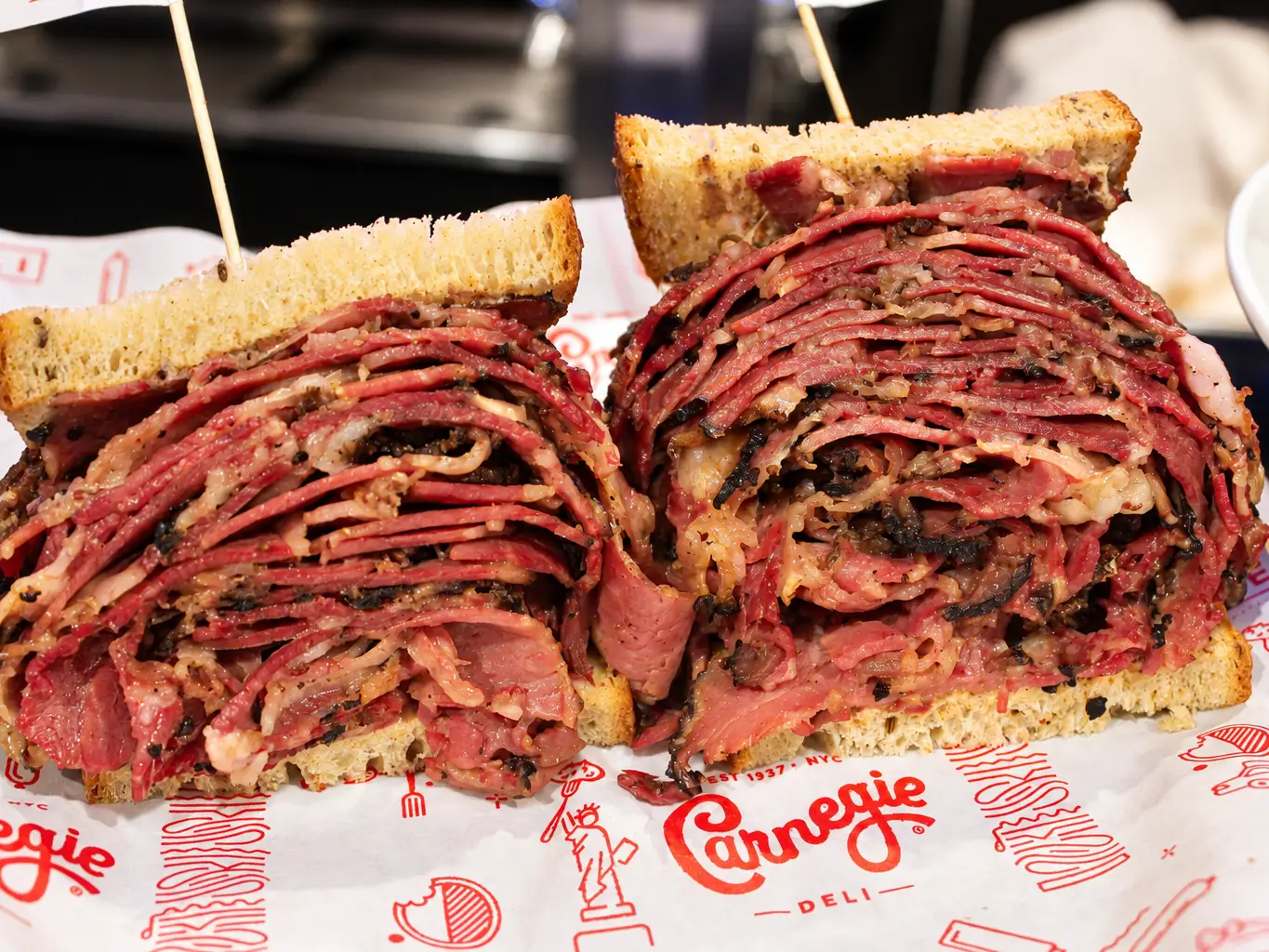Carnegie Deli hot pastrami sandwich on rye