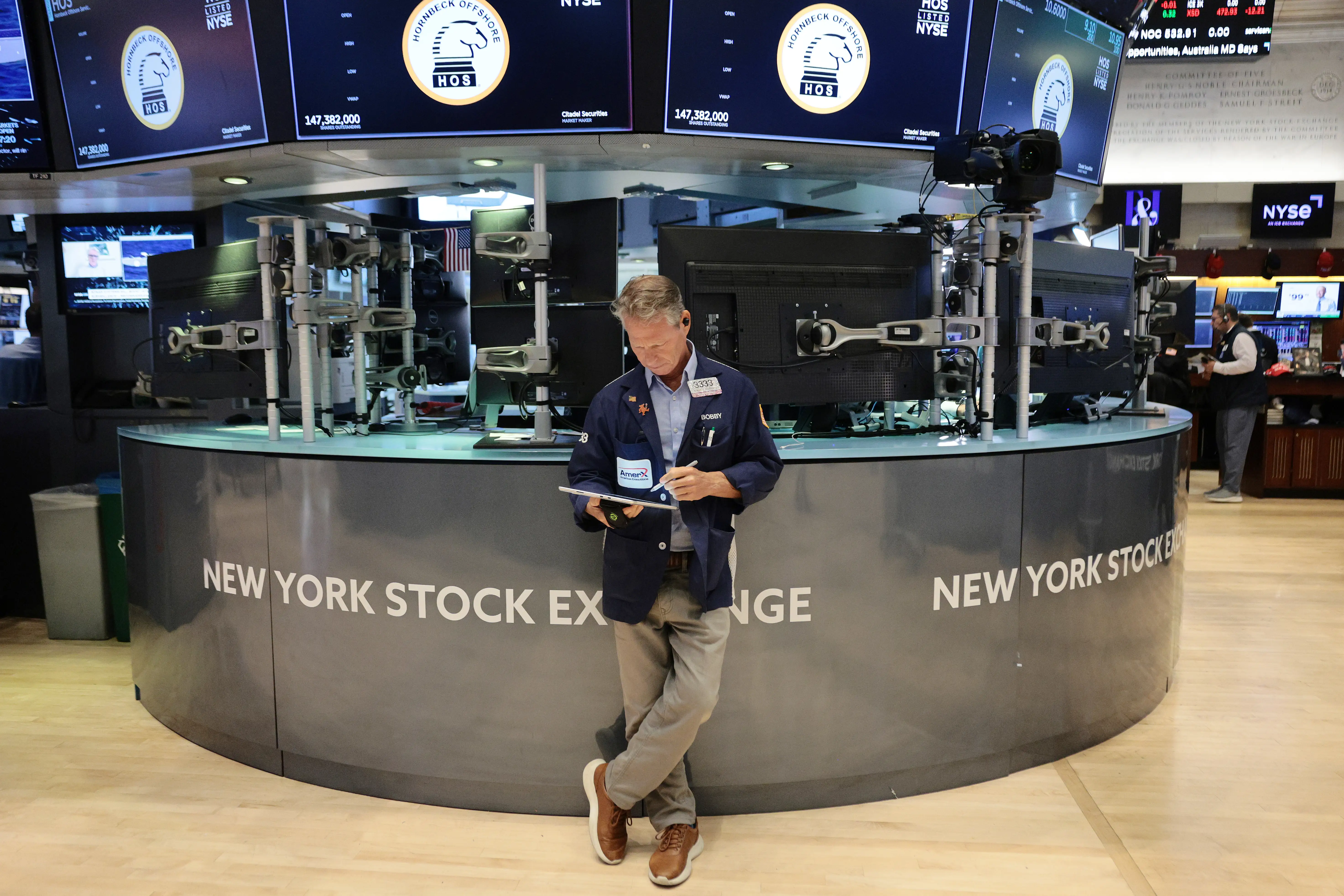 Traders work on the floor of the New York Stock Exchange during morning trading on September 2, 2026 in New York City.