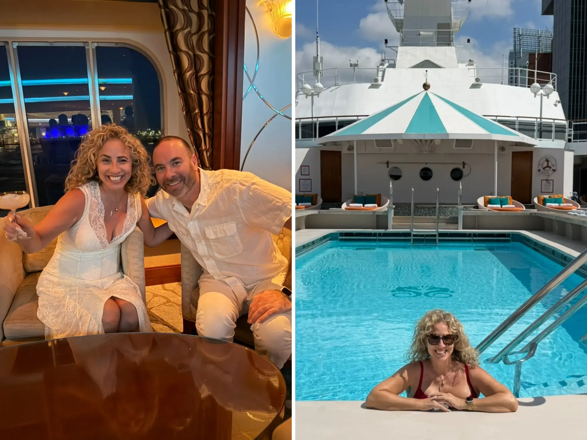 composite image, on the left is the author and her husband in their suite on a cruise at night, on the right is the author smiling and wearing sunglasses while in a pool