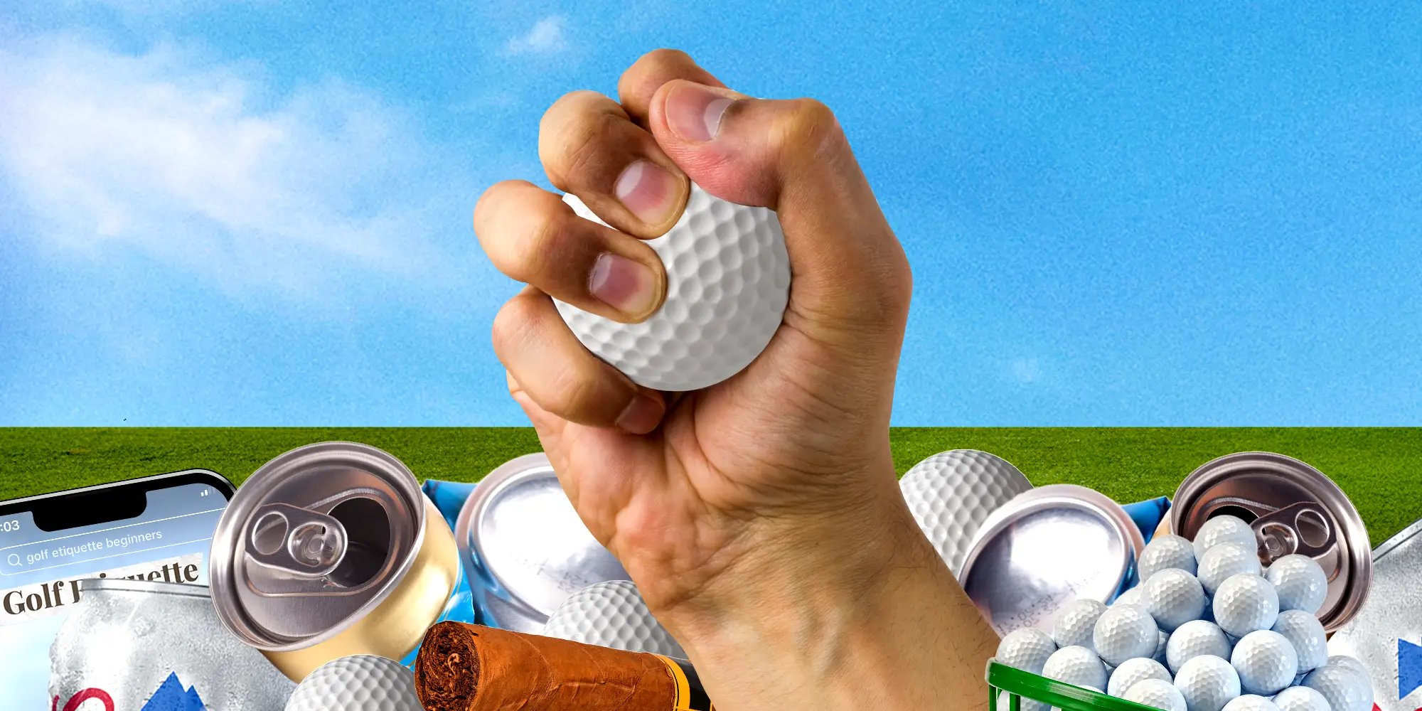 Hand squeezing a golf ball above a collage of golf balls, drink cans, a cigar, and a smartphone.