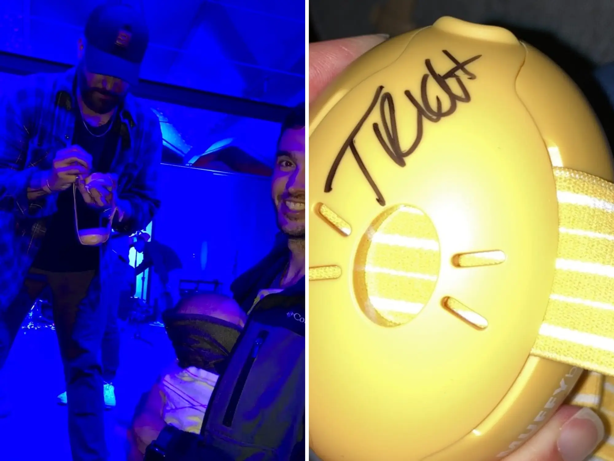Tyler Rich signs yellow headphones for a young fan.