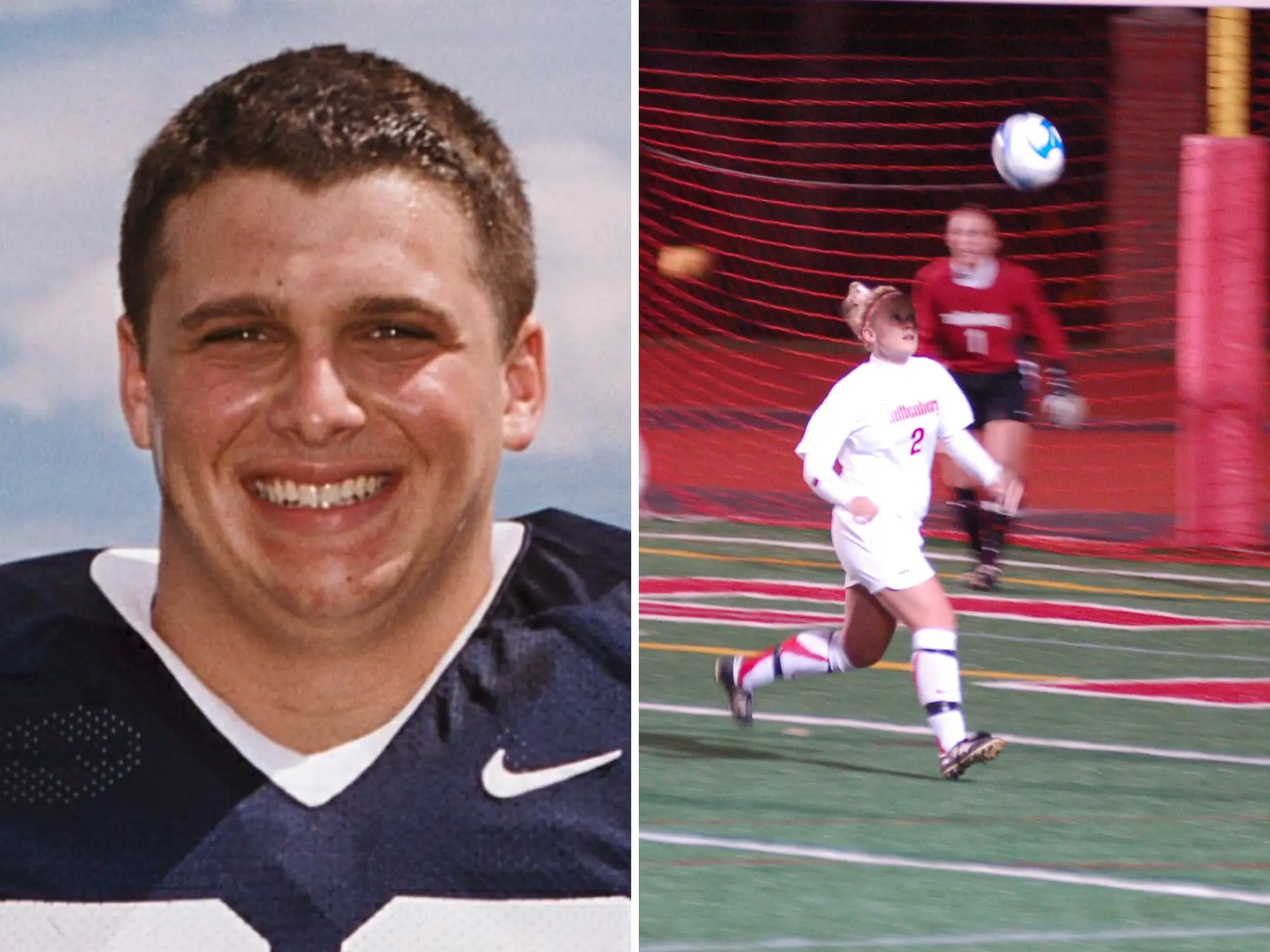 A slipt image showing a male football player in a blue jersey on the left and a woman playing soccer on the right.