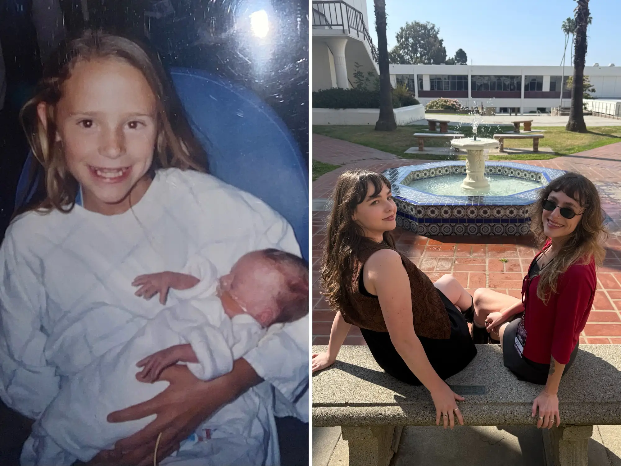 composite image, on the left the author and her sister as kids, on the right they are sitting on a bench and looking at the camera