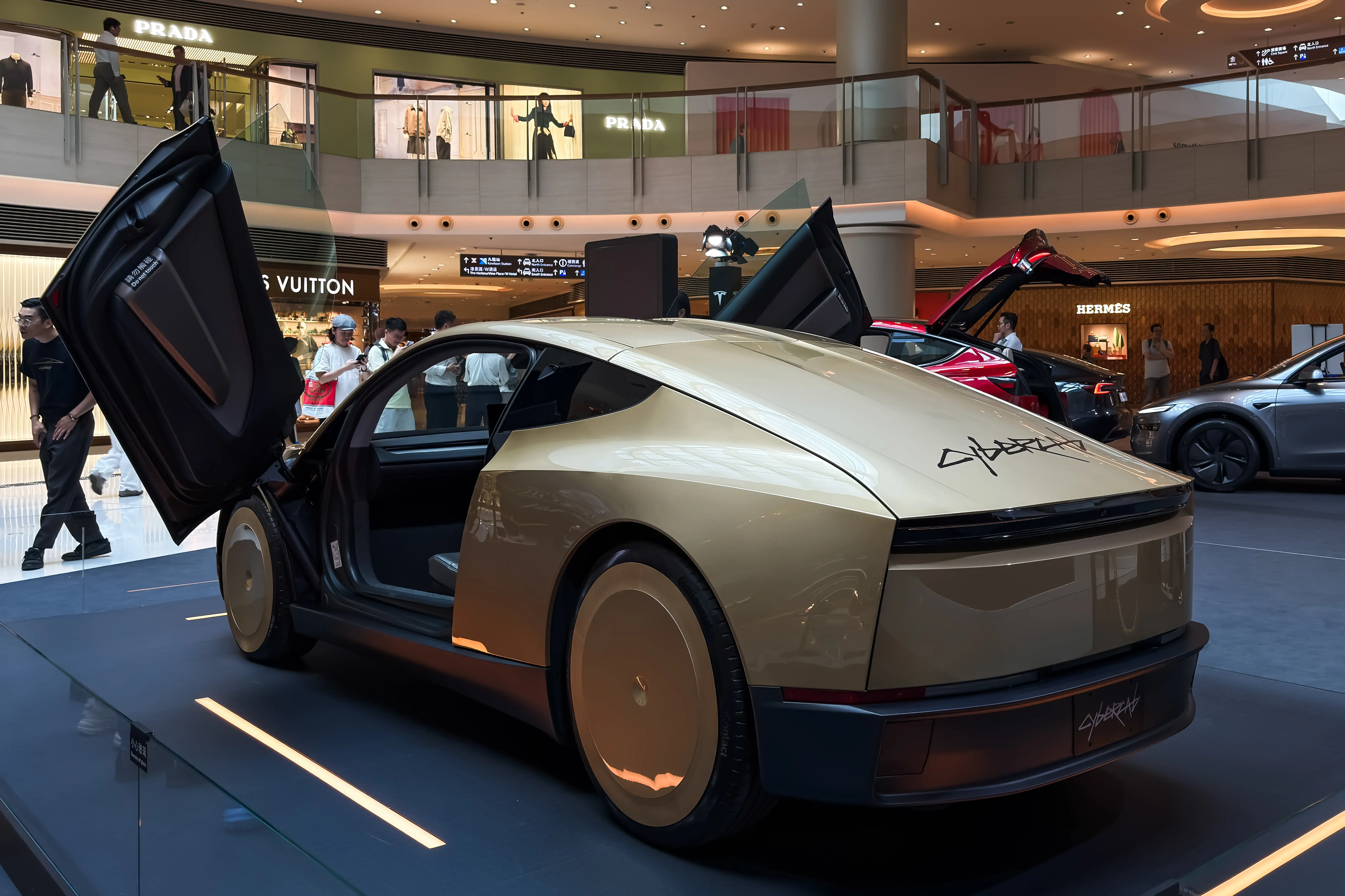 A Tesla Cybercab on display