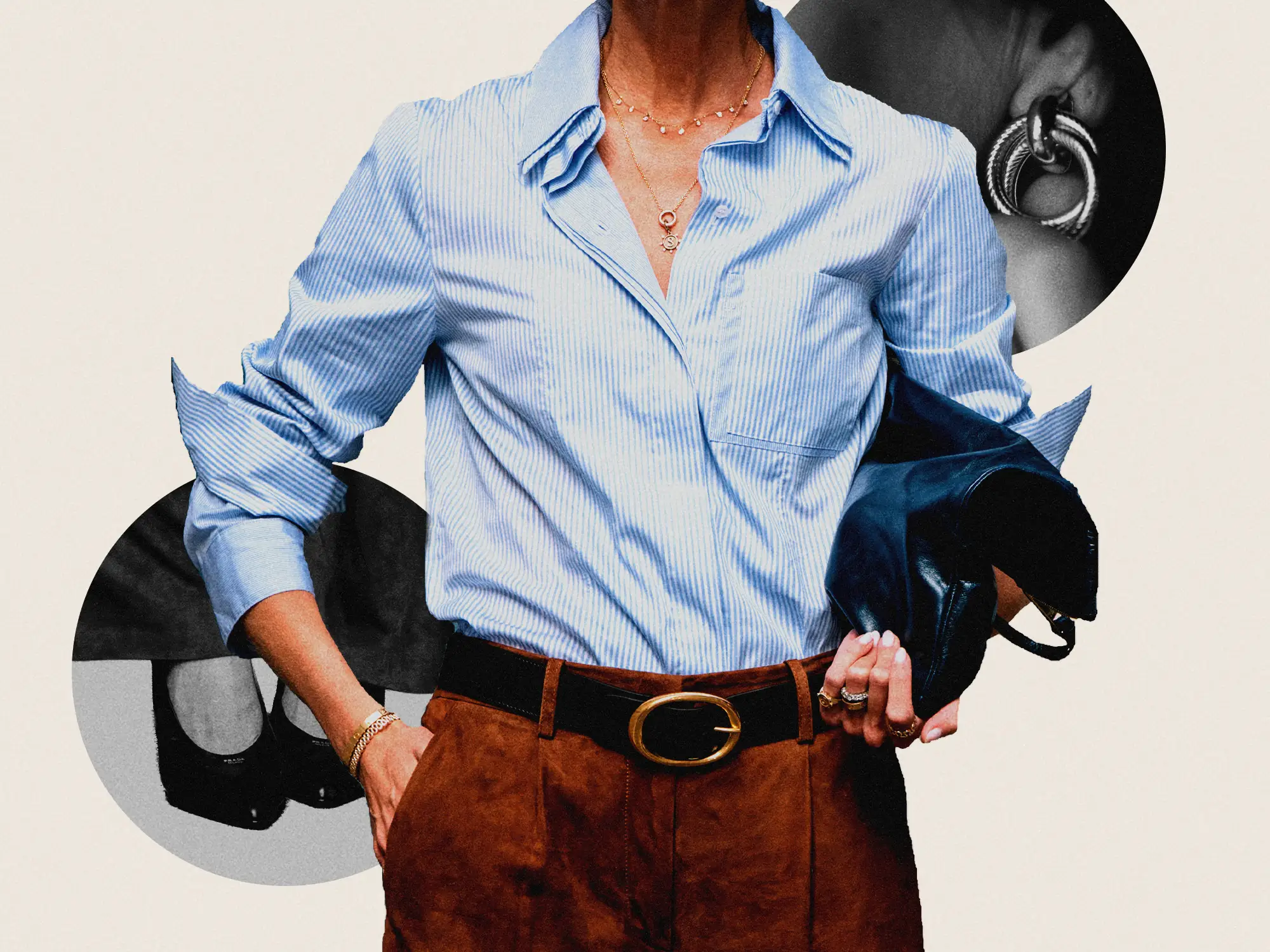 Cropped fashion portrait showing a striped blue shirt, brown trousers, jewelry, belt, and circular accessory details.