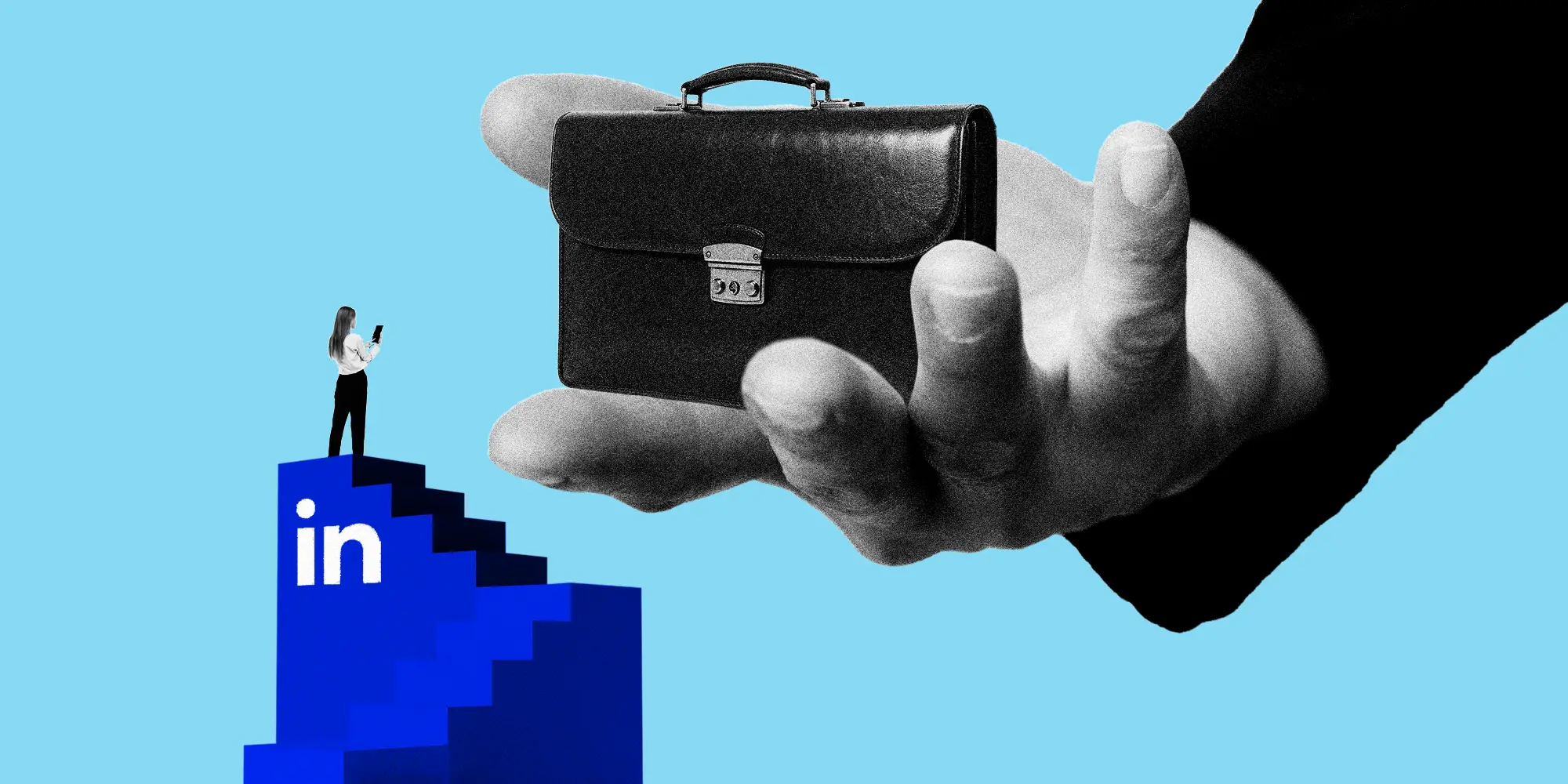 A business woman looking at her phone on top of a staircase displaying the linked in logo. While also standing in front of a business mans hand holding a briefcase