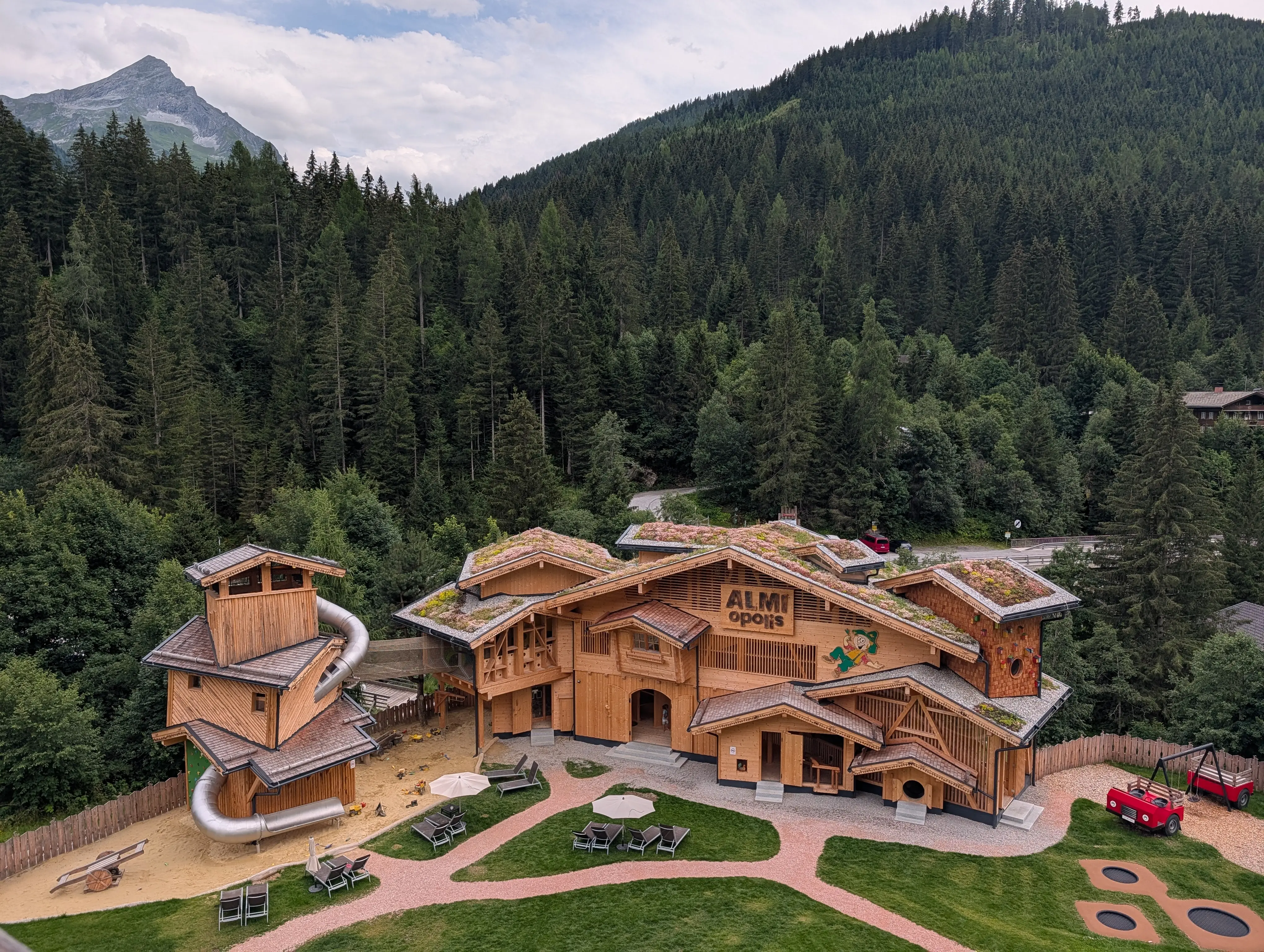 Aerial view of wooden structure at Almhof Resort from room