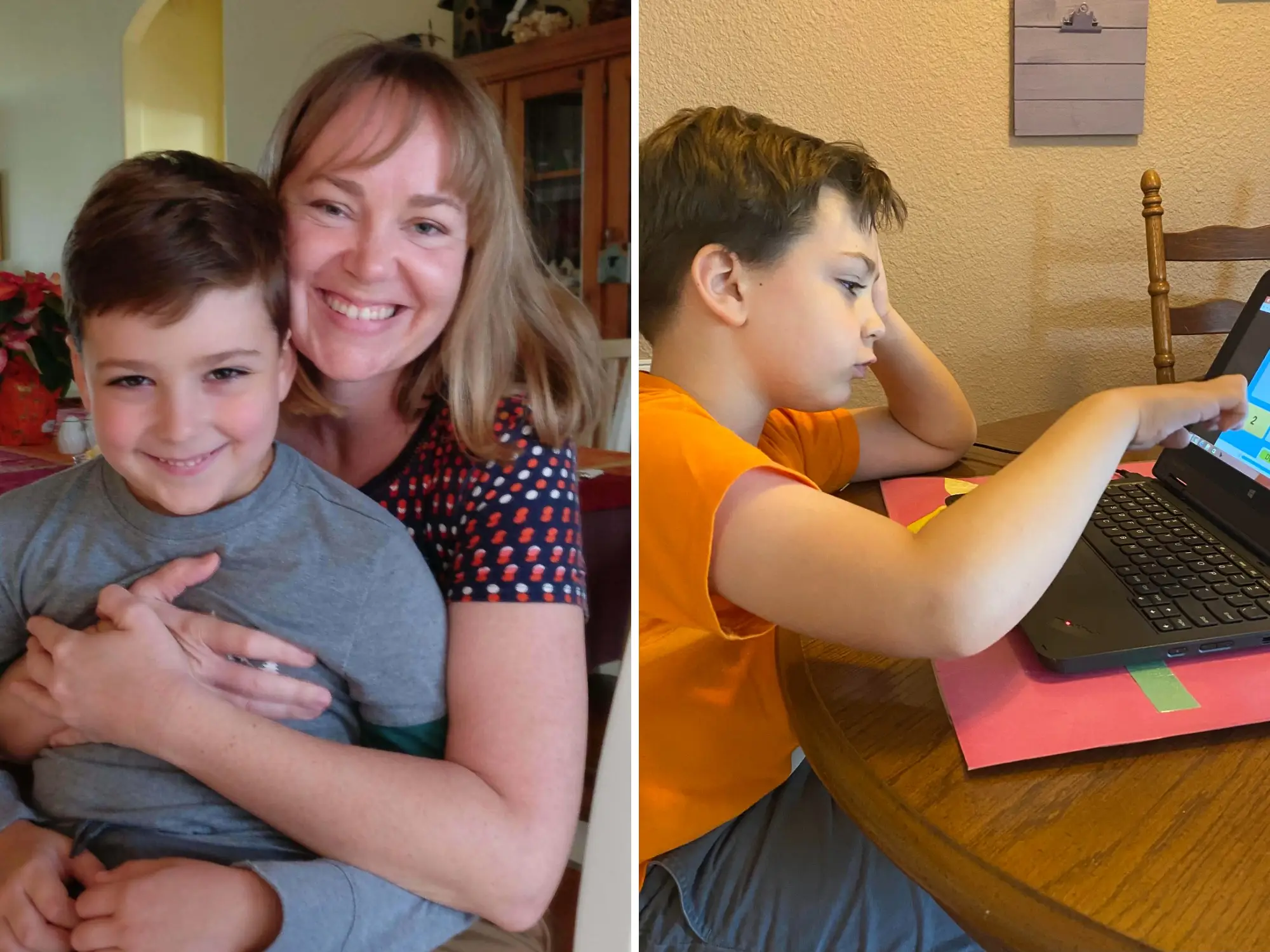 composite image, on the left is the author hugging her son and on the right he is doing homeschooling curriculum from a computer