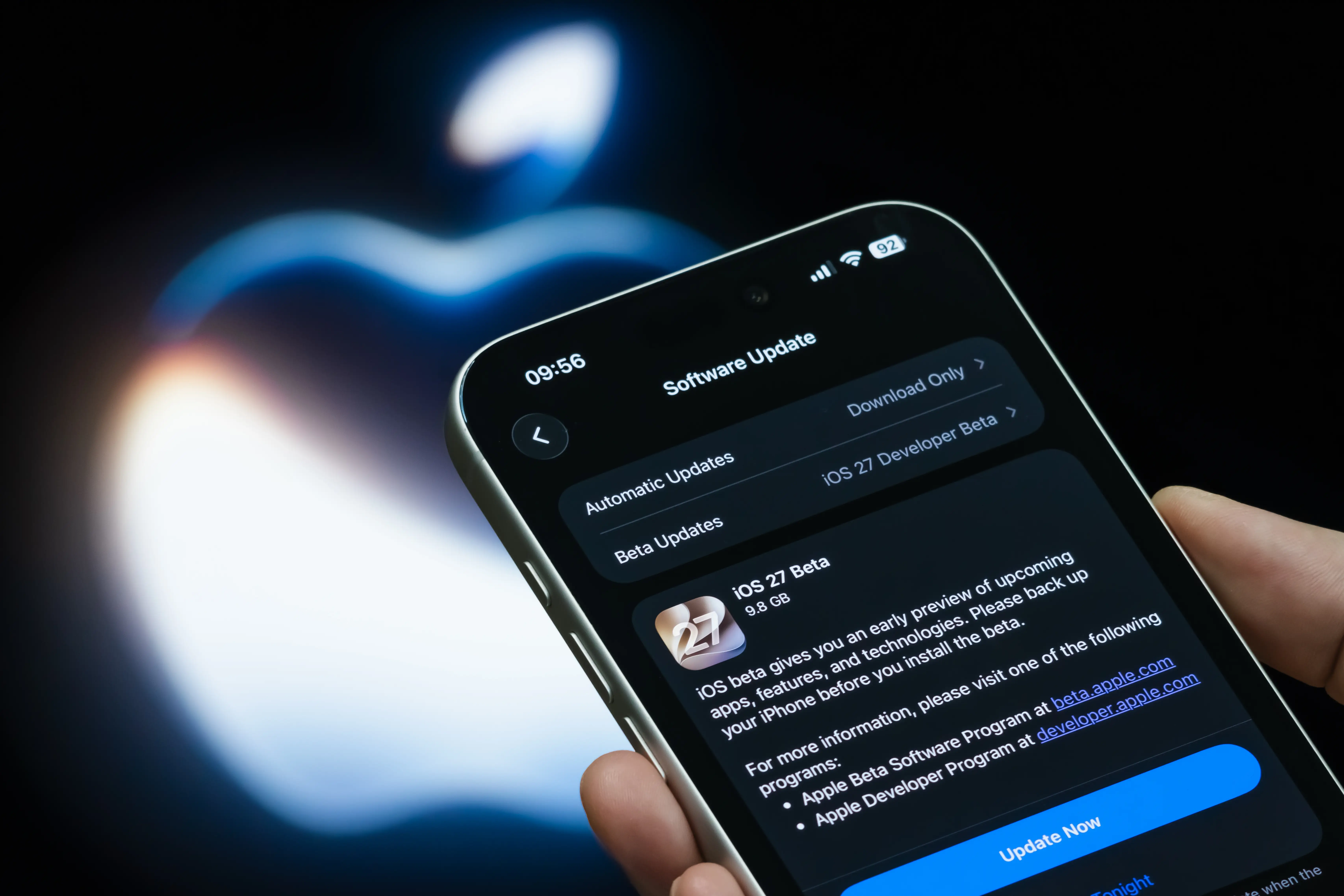 An iPhone showing an iOS 27 update in Beta.