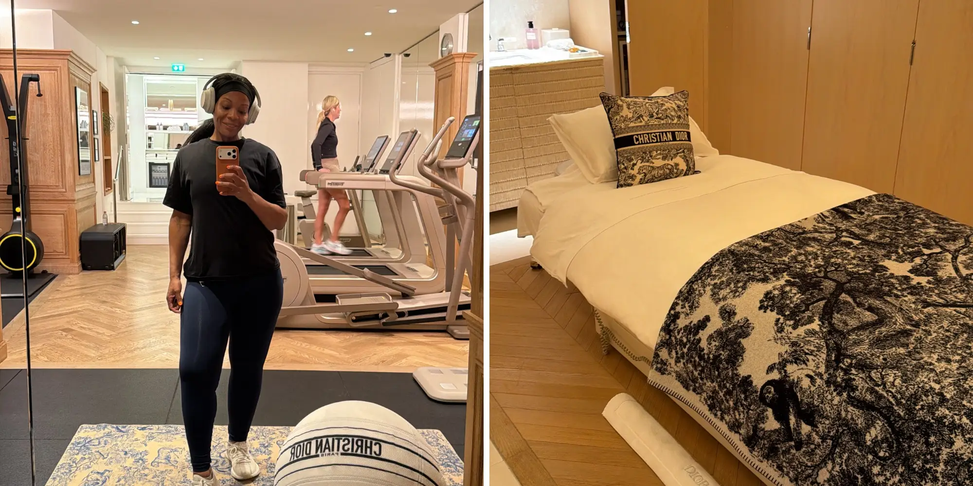 A gym mirror selfie appears beside a bedroom with cream bedding and CHRISTIAN DIOR patterned pillows and blanket.