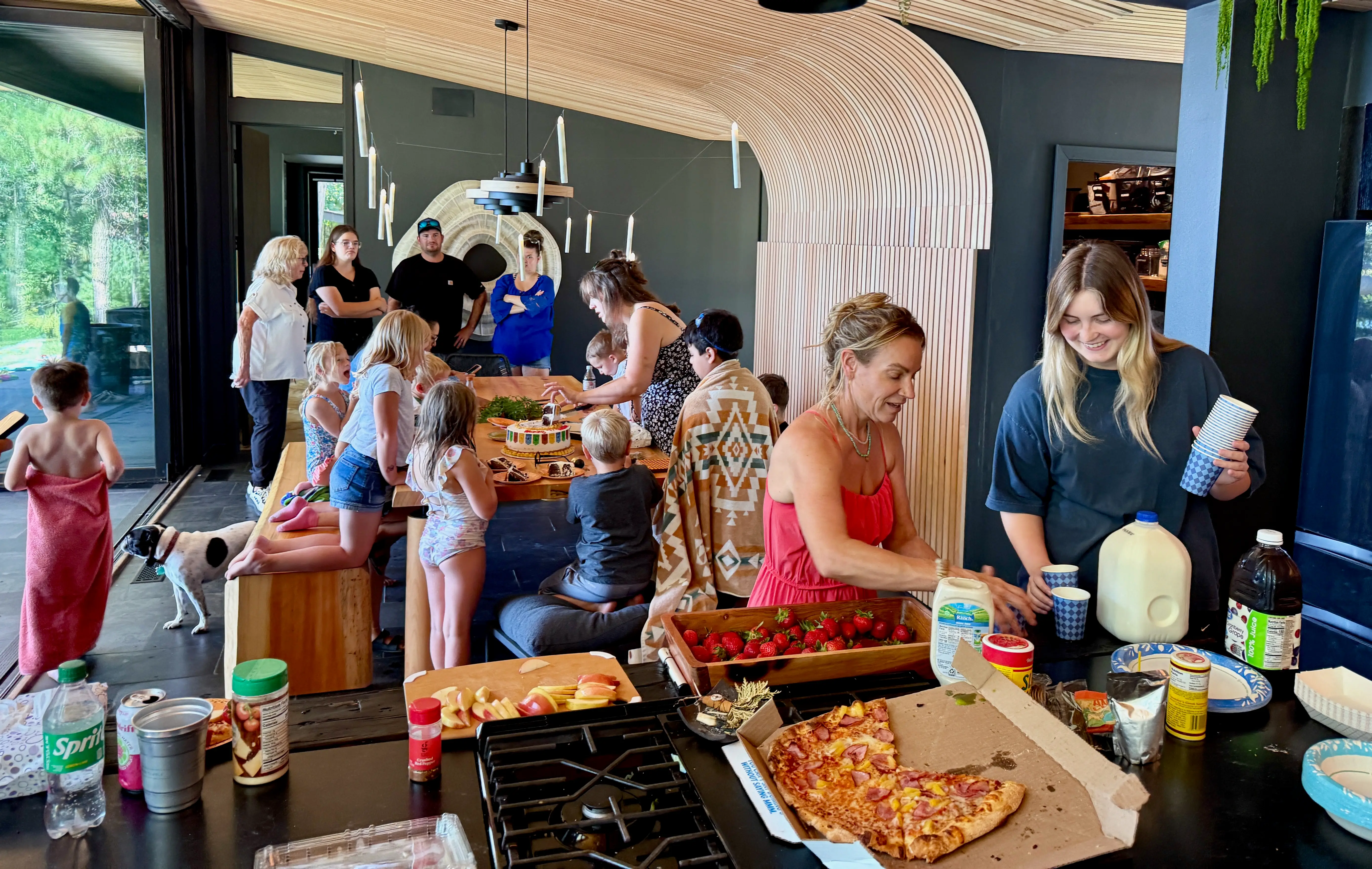 Group of people at party with pizza, food