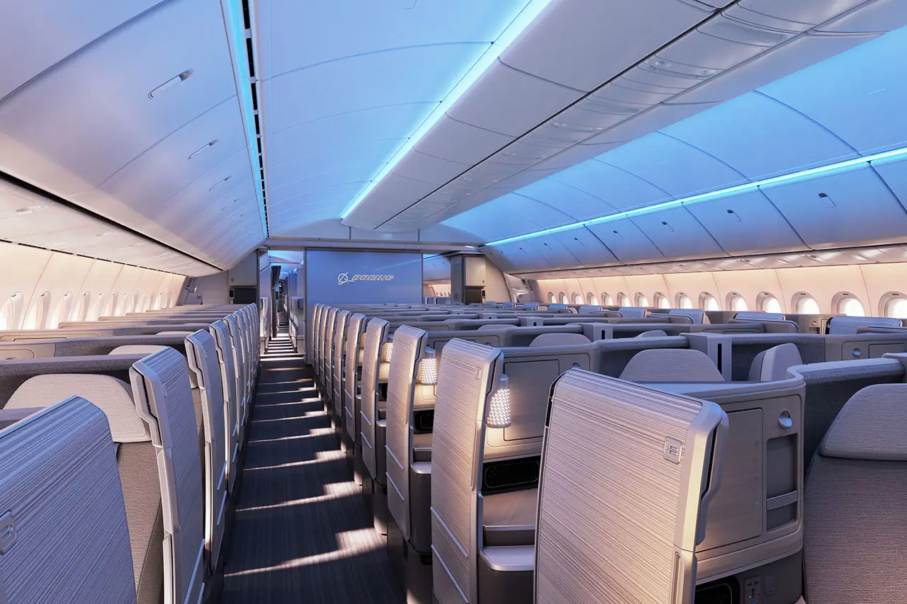 Rendering of a business class cabin on a 777X.