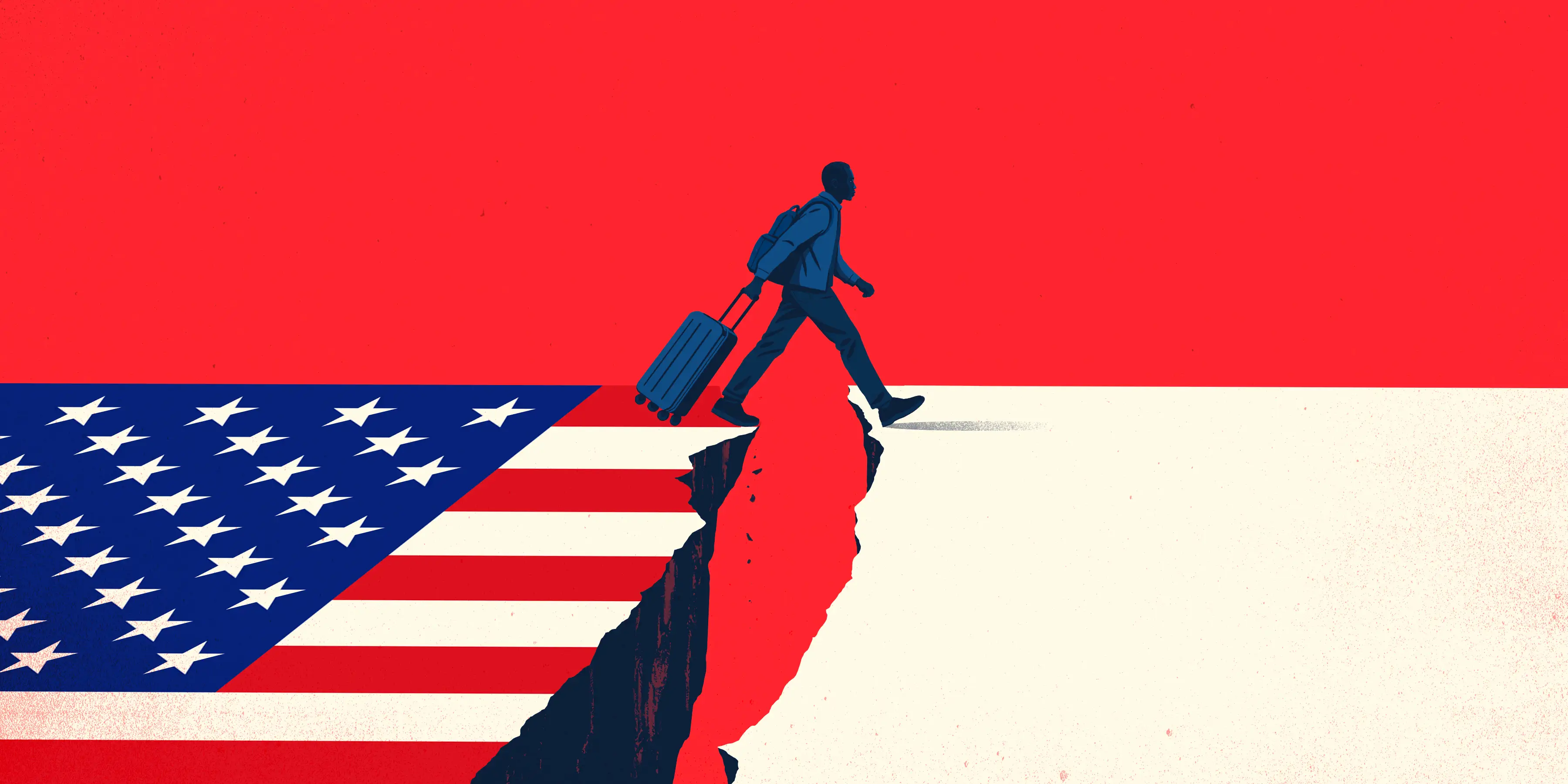 Illustration of a traveler with luggage crossing a cliff gap beside a stylized United States flag.
