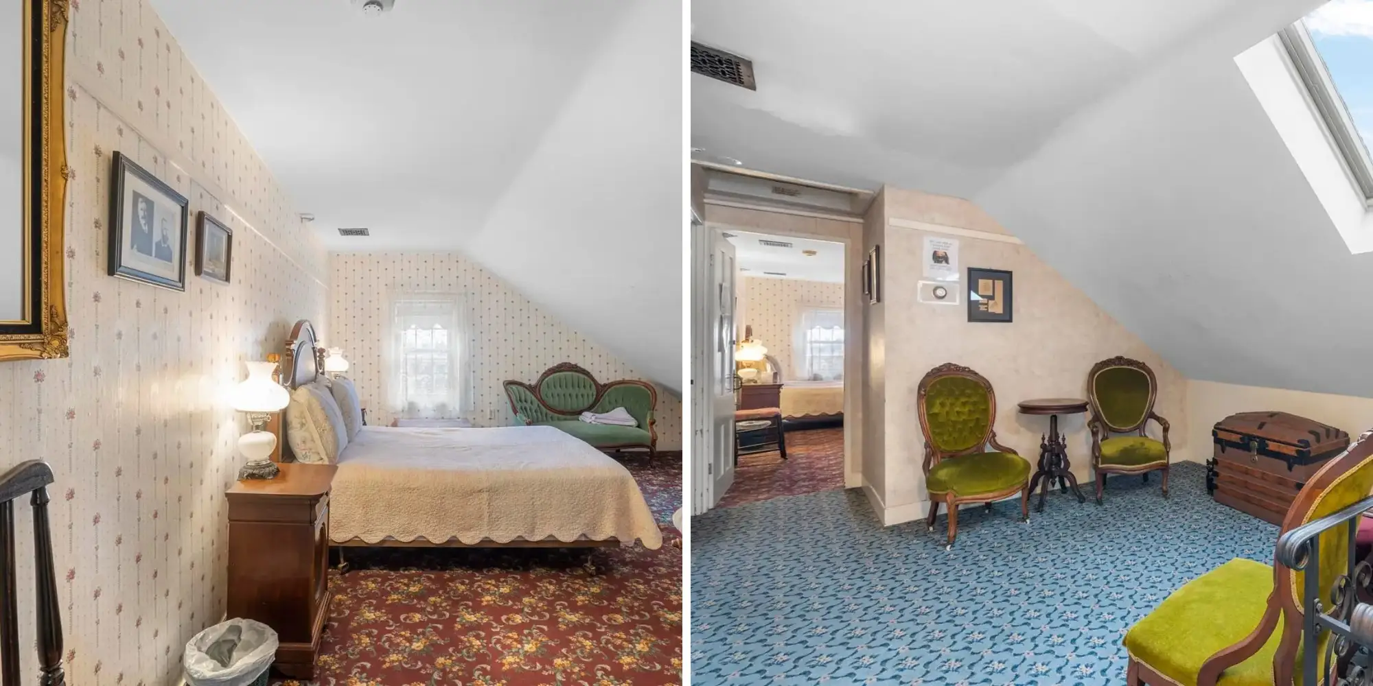 Vintage attic bedroom and sitting area with patterned carpets, green chairs, framed wall art, and sloped ceilings.