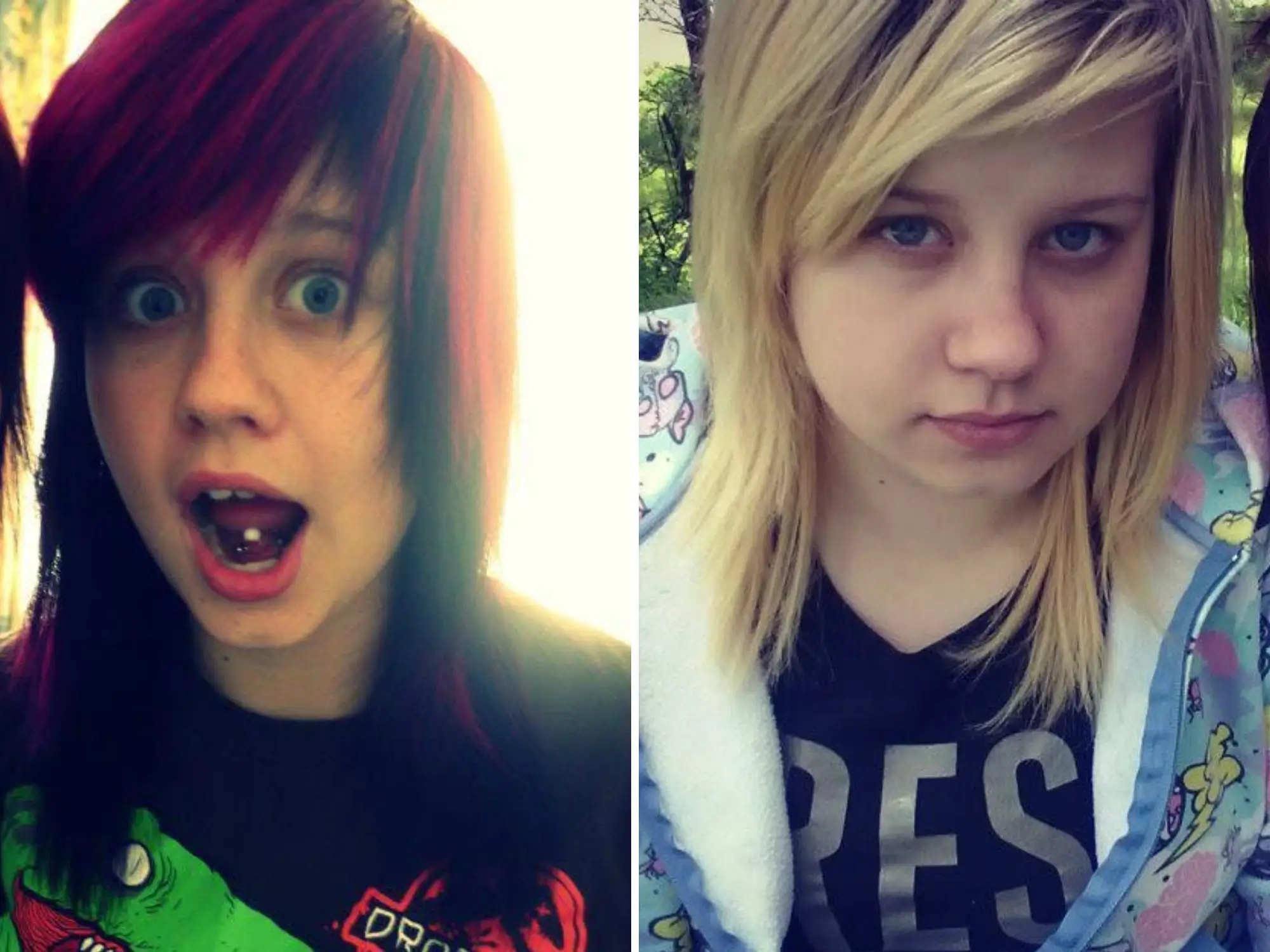Side by side photos of same teenager - one with red and black hair and one with blonde hair