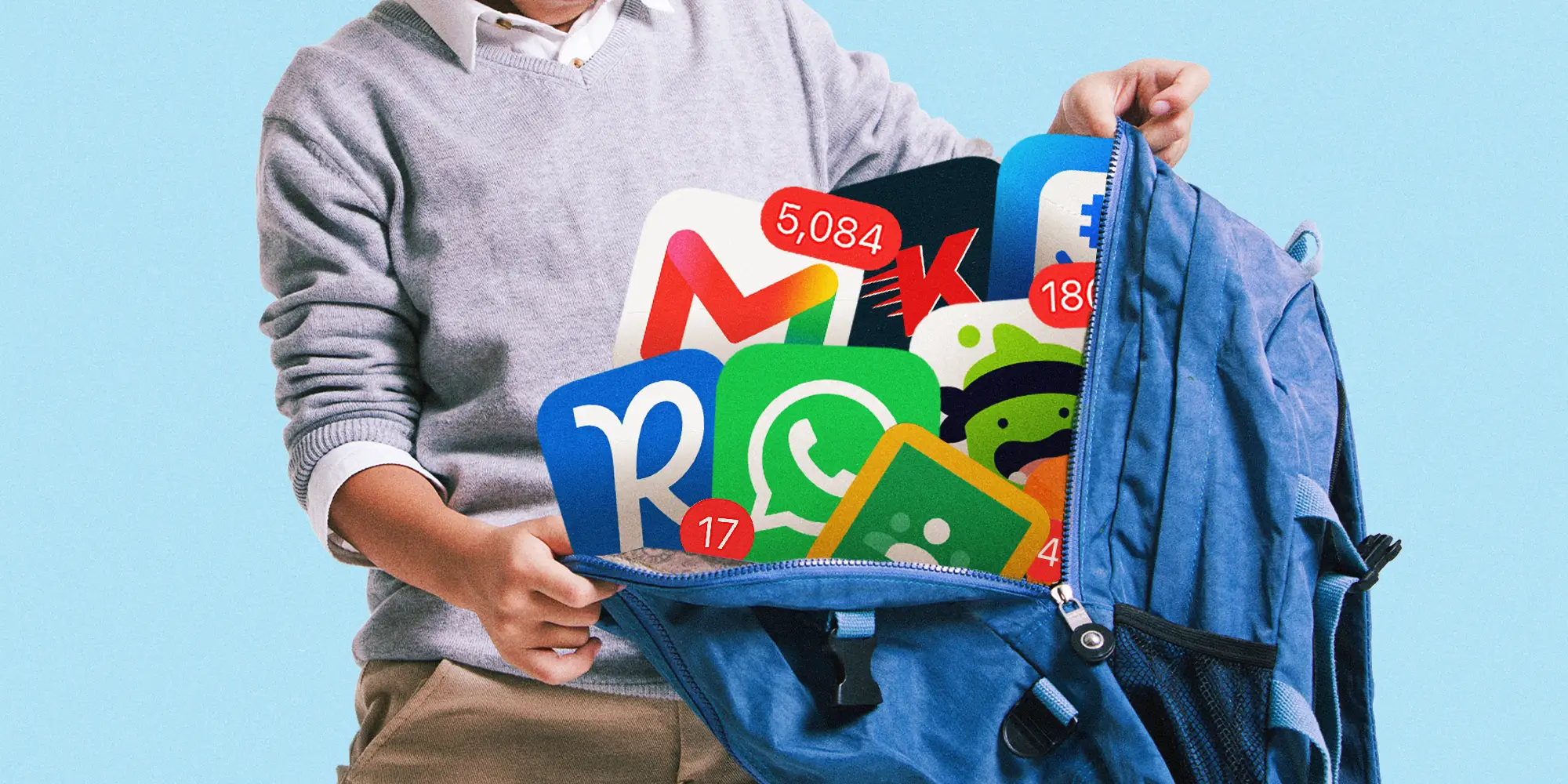 Student holds a blue backpack stuffed with oversized social media and messaging app icons.