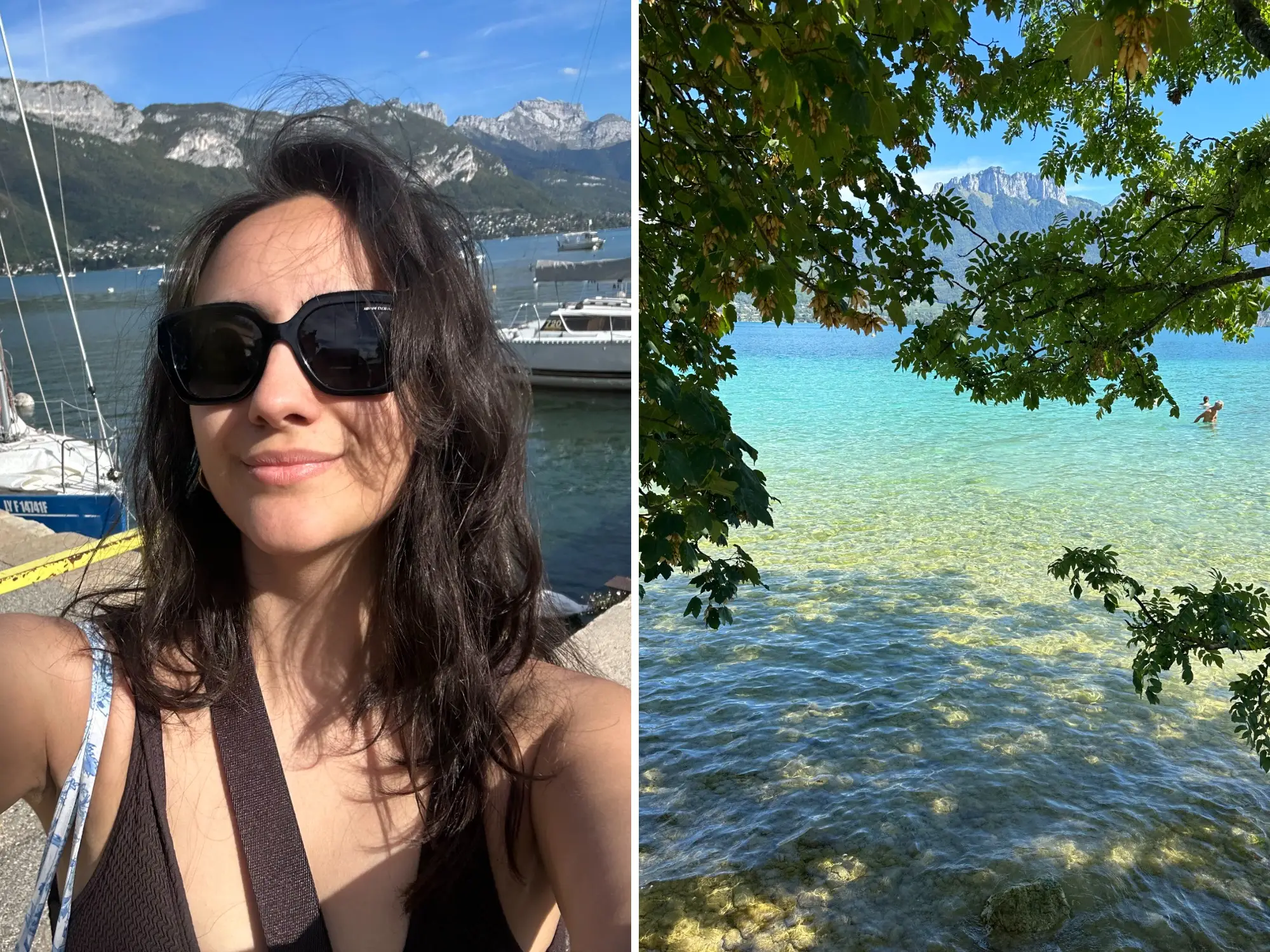 Side-by-side travel collage showing a person by sailboats and a clear alpine lake framed by leafy trees.