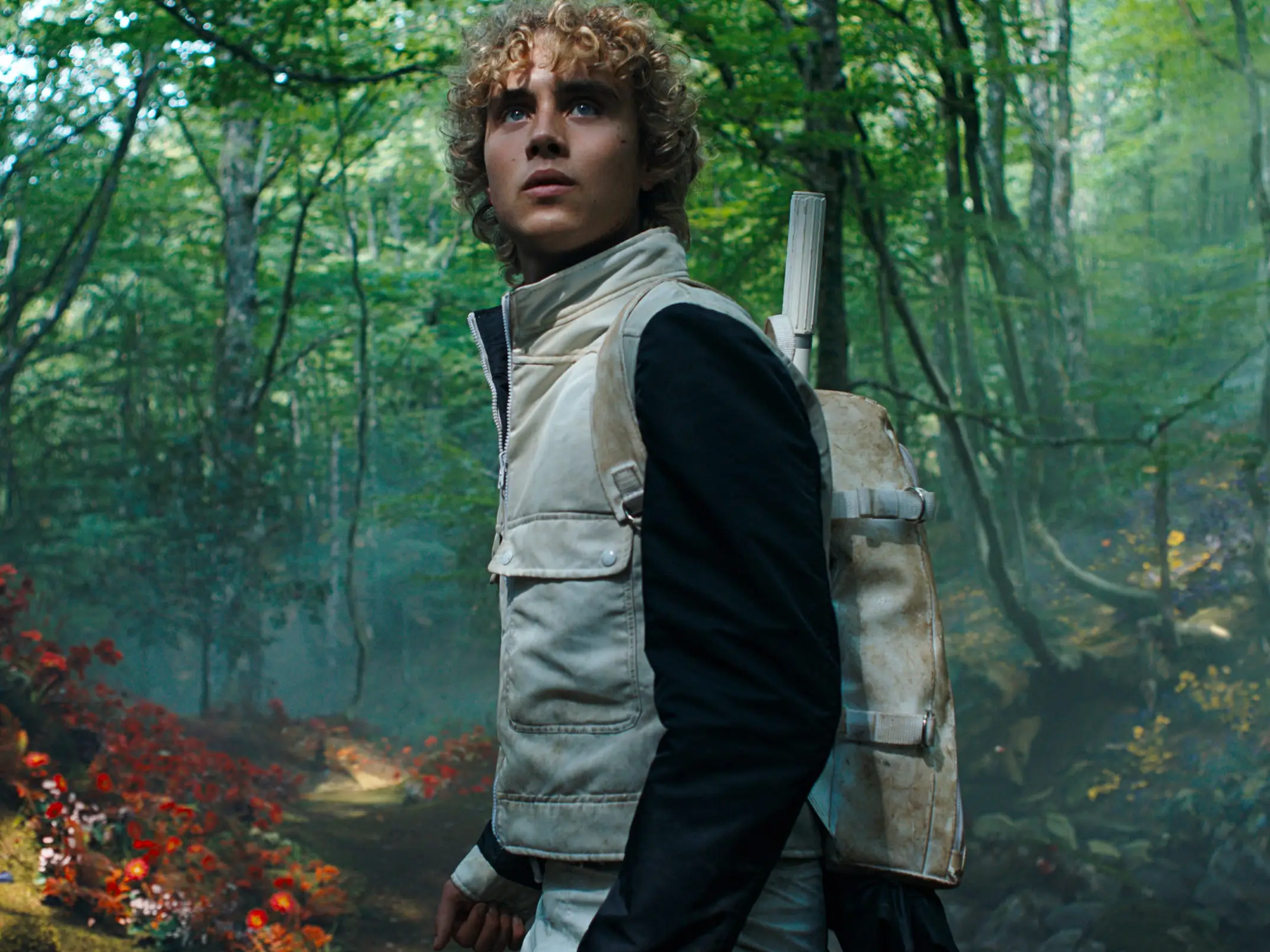 Curly-haired traveler with a backpack stands in a misty forest among red flowers and sunlit trees.