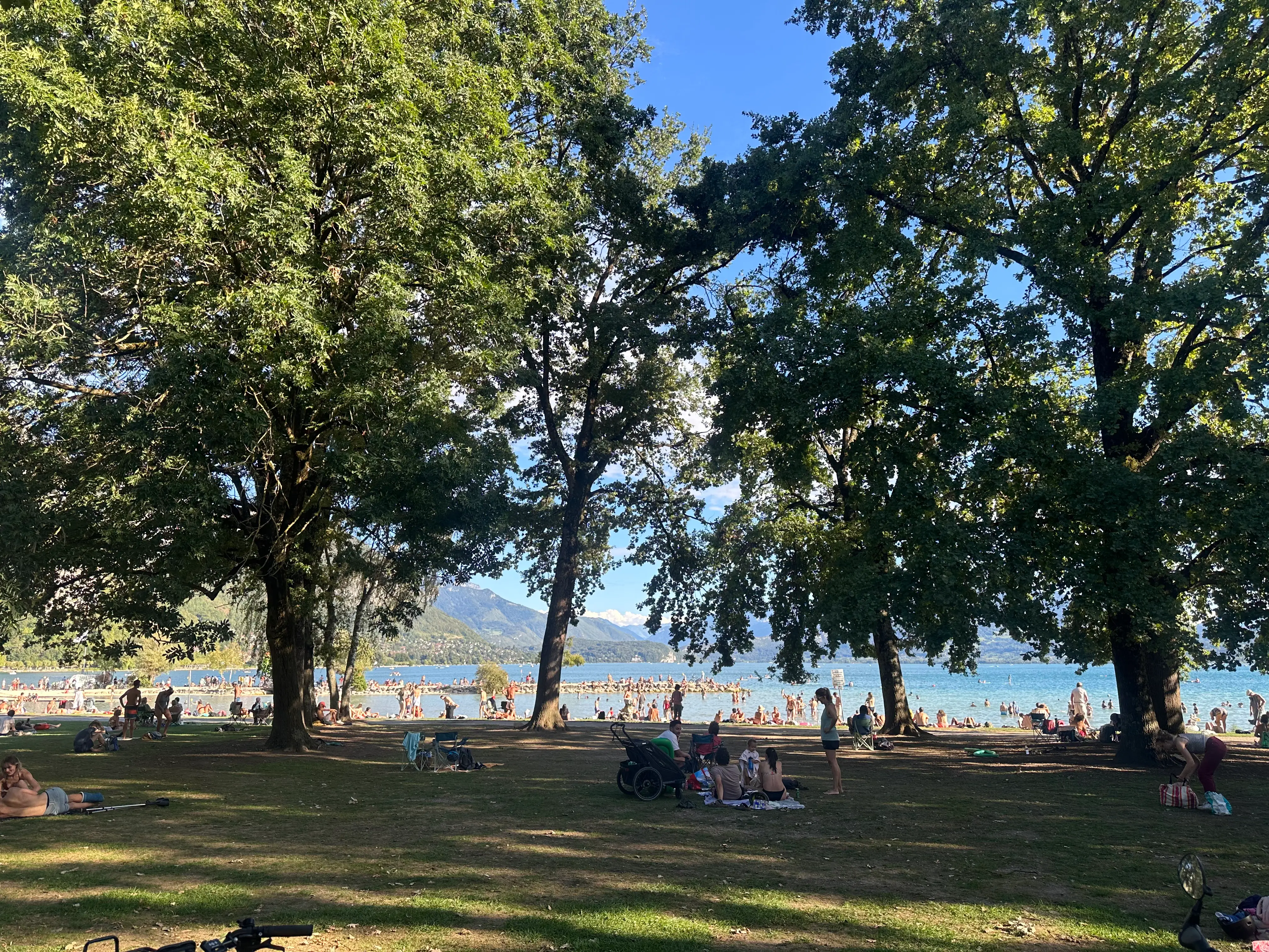 Crowds relax under large trees beside a sunny lakeside beach with mountains in the background.