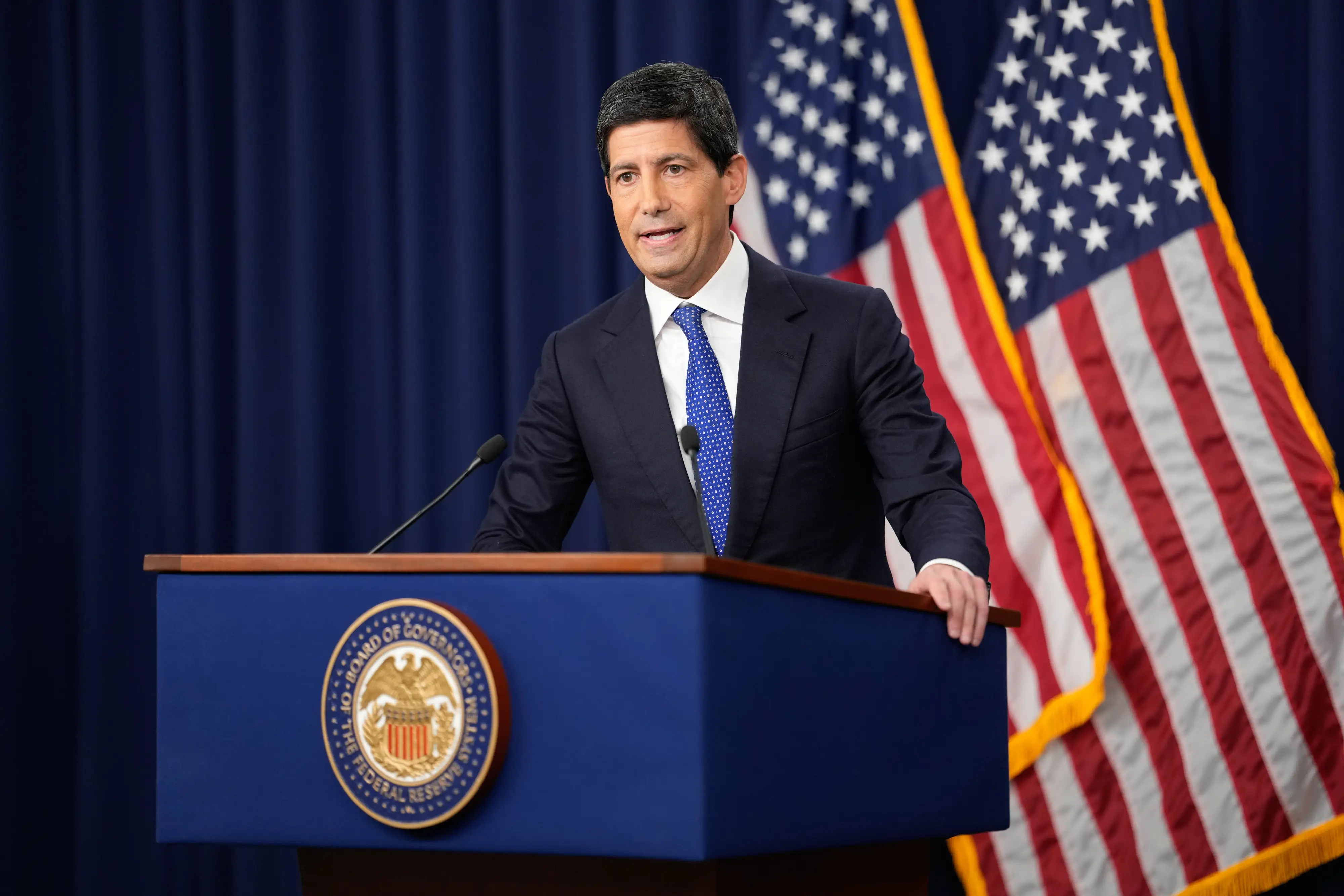 Kevin Warsh, chairman of the US Federal Reserve, during a news conference following a Federal Open Market Committee (FOMC) meeting in Washington, DC, US, on Wednesday, Sept. 16, 2026. The Federal Reserve raised interest rates by a quarter percentage point and penciled in an additional hike later this year, steps aimed at