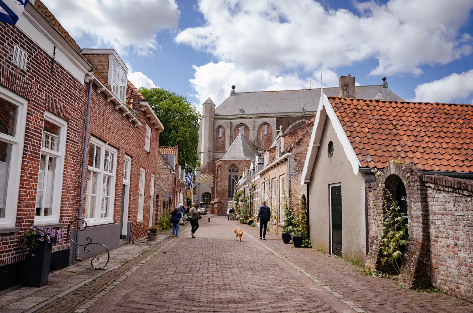 Rows of red brick homes and cobblestone streets in Veere, the Netherlands.