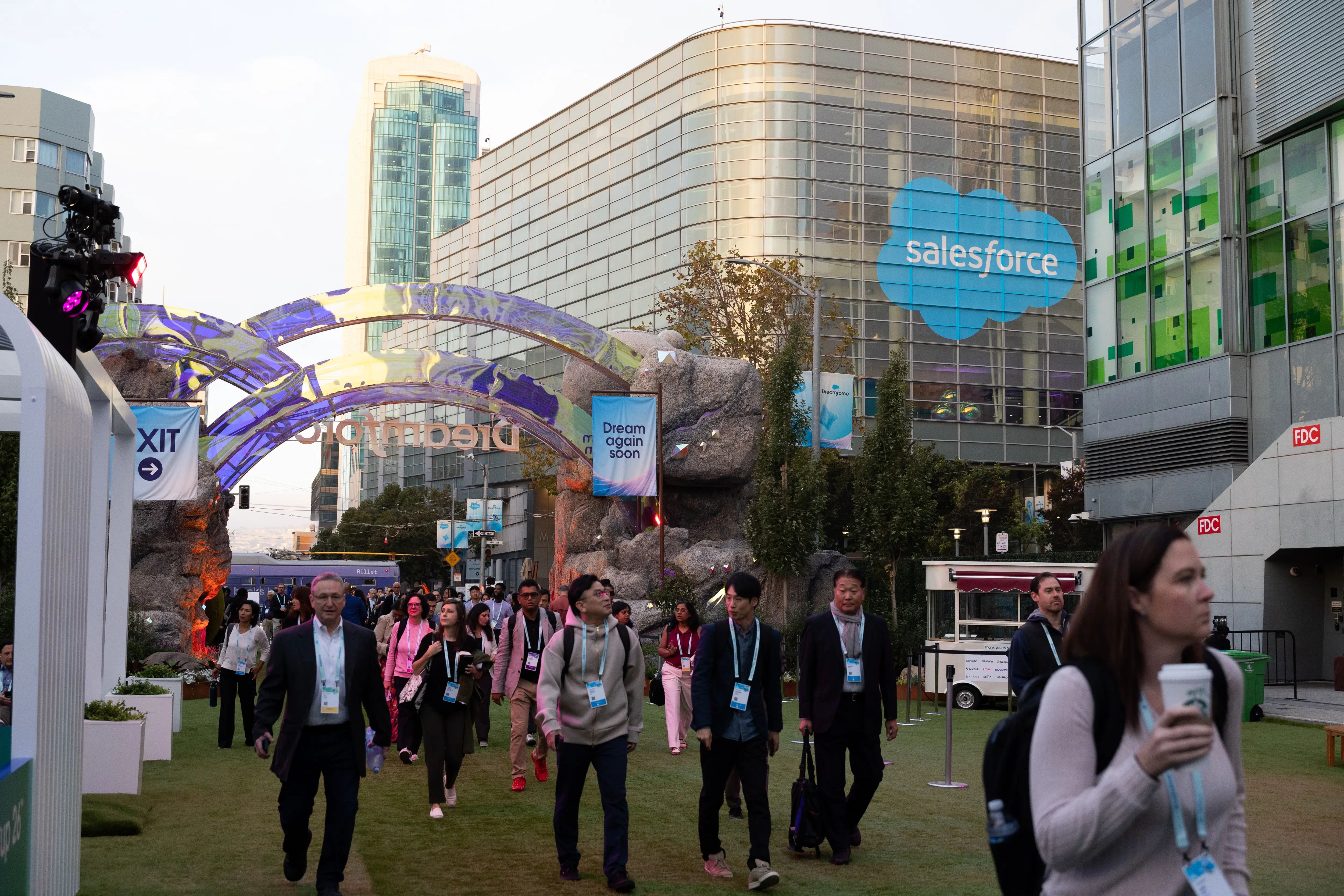 Attendees arrive at Salesforce's Dreamforce conference on September 15, 2026 in San Francisco.
