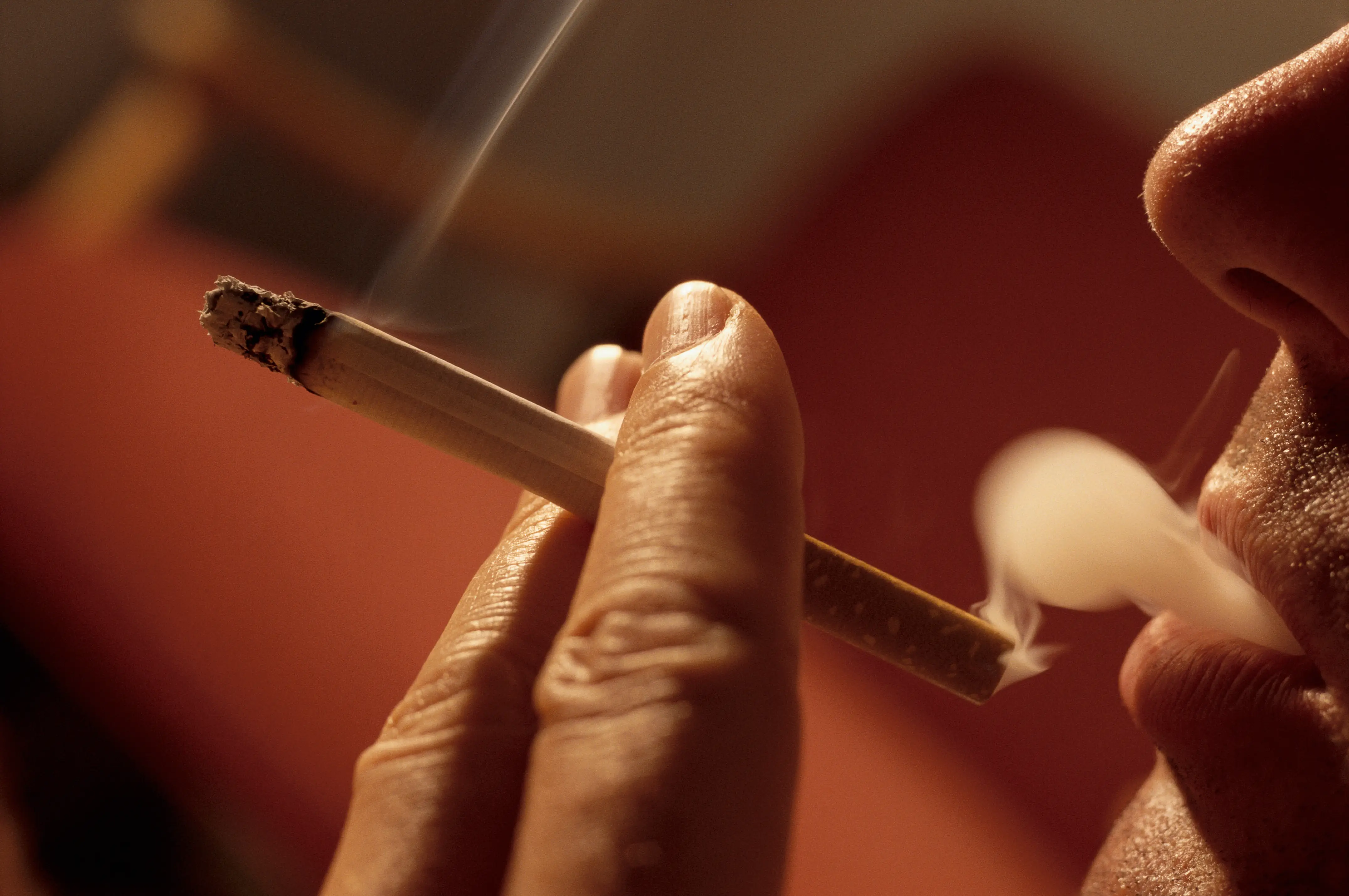 Close-up of a person holding a lit cigarette near their mouth with smoke visible.