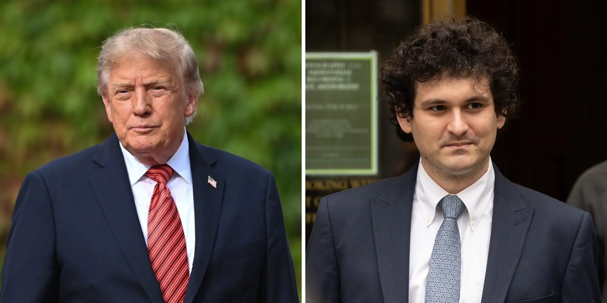 Donald Trump and Sam Bankman-Fried appear in a side-by-side composite wearing suits and ties in separate outdoor settings.