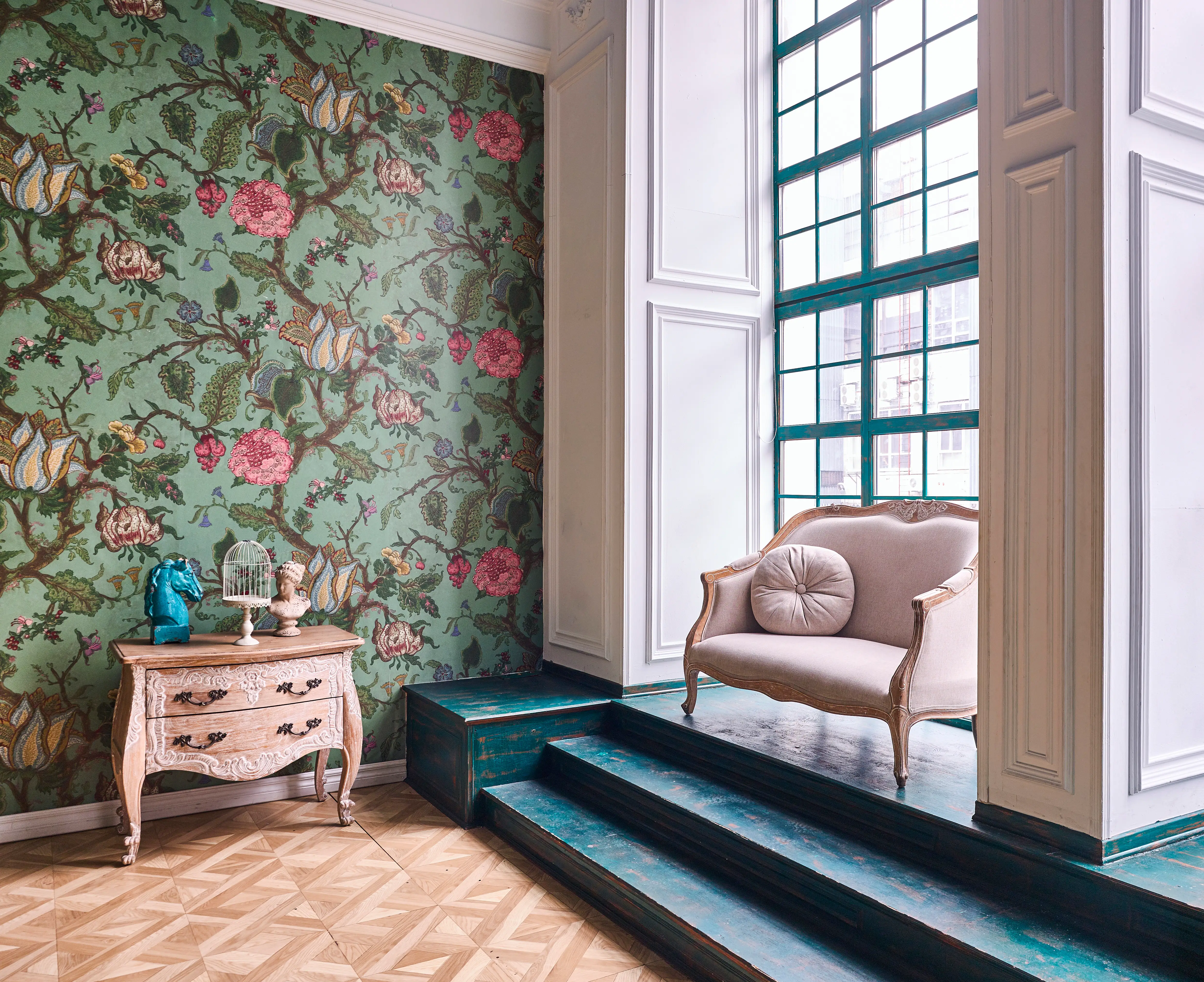 Loft area with floral wallpaper