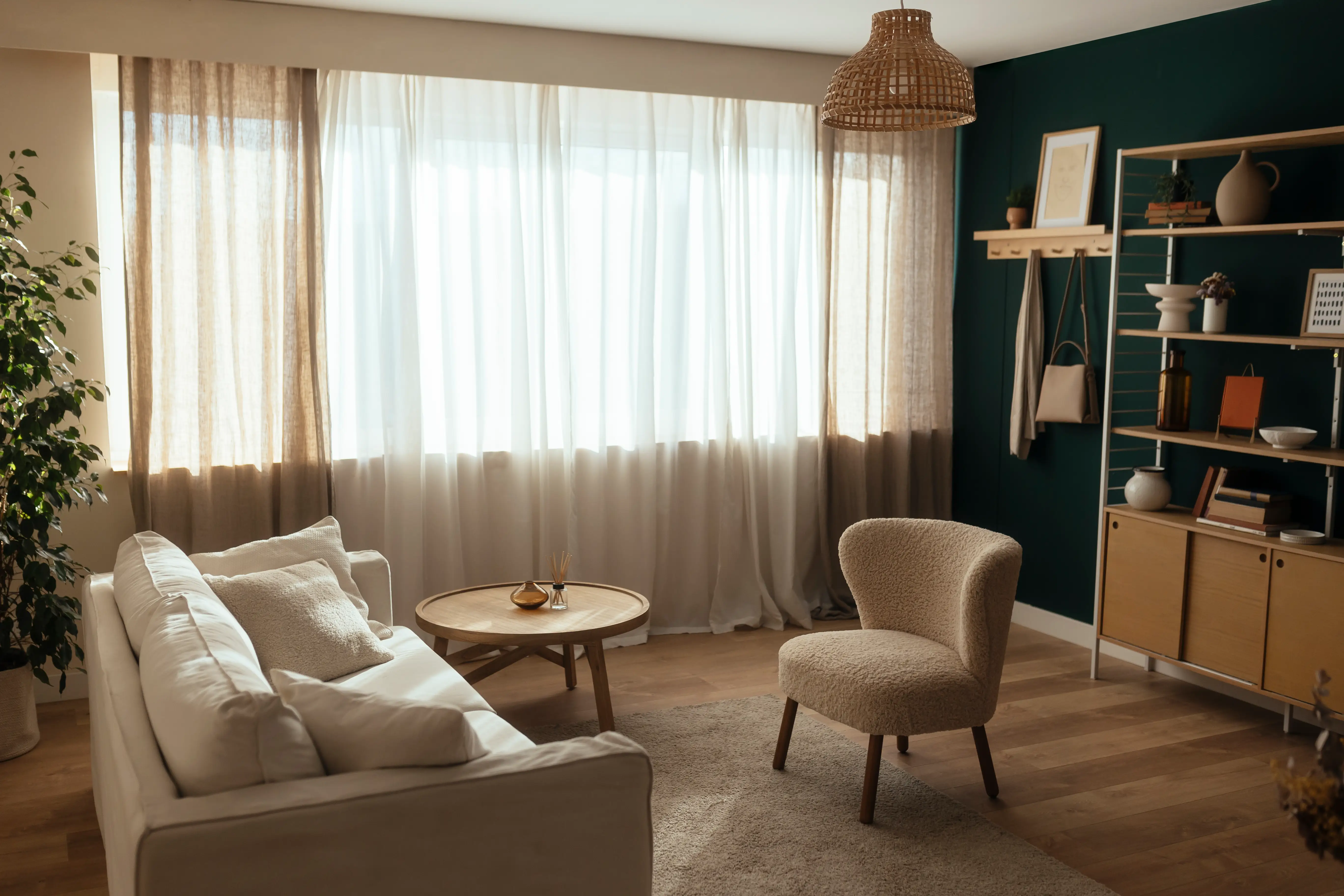 Teal living room with long drapes