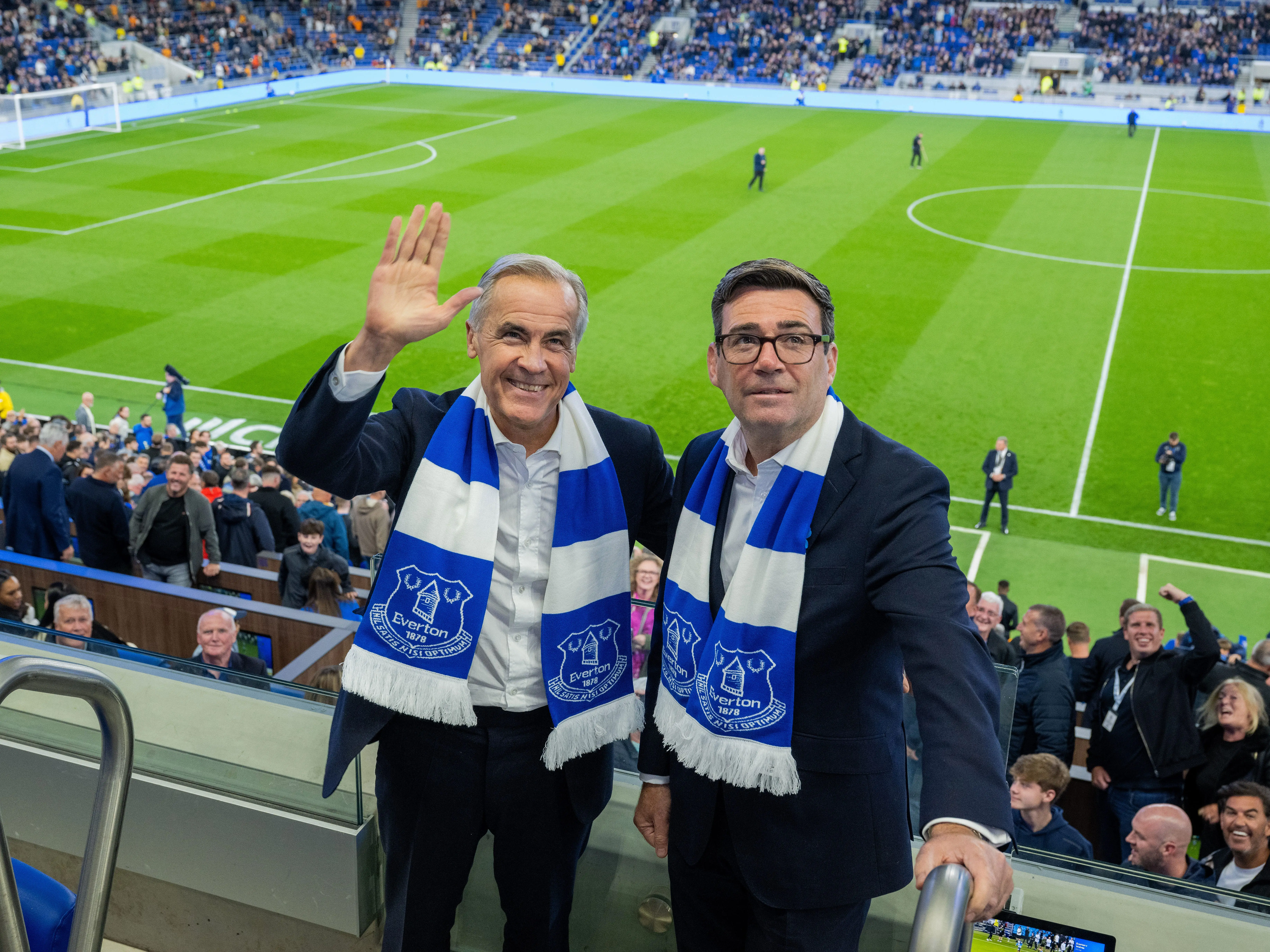Mark Carney, Canada's prime minister, (L), and UK prime minister, Andy Burnham, attend the Everton and Wolverhampton Wanderers English League Cup football match at Hill Dickinson Stadium on September 16, 2026 in Liverpool, England.