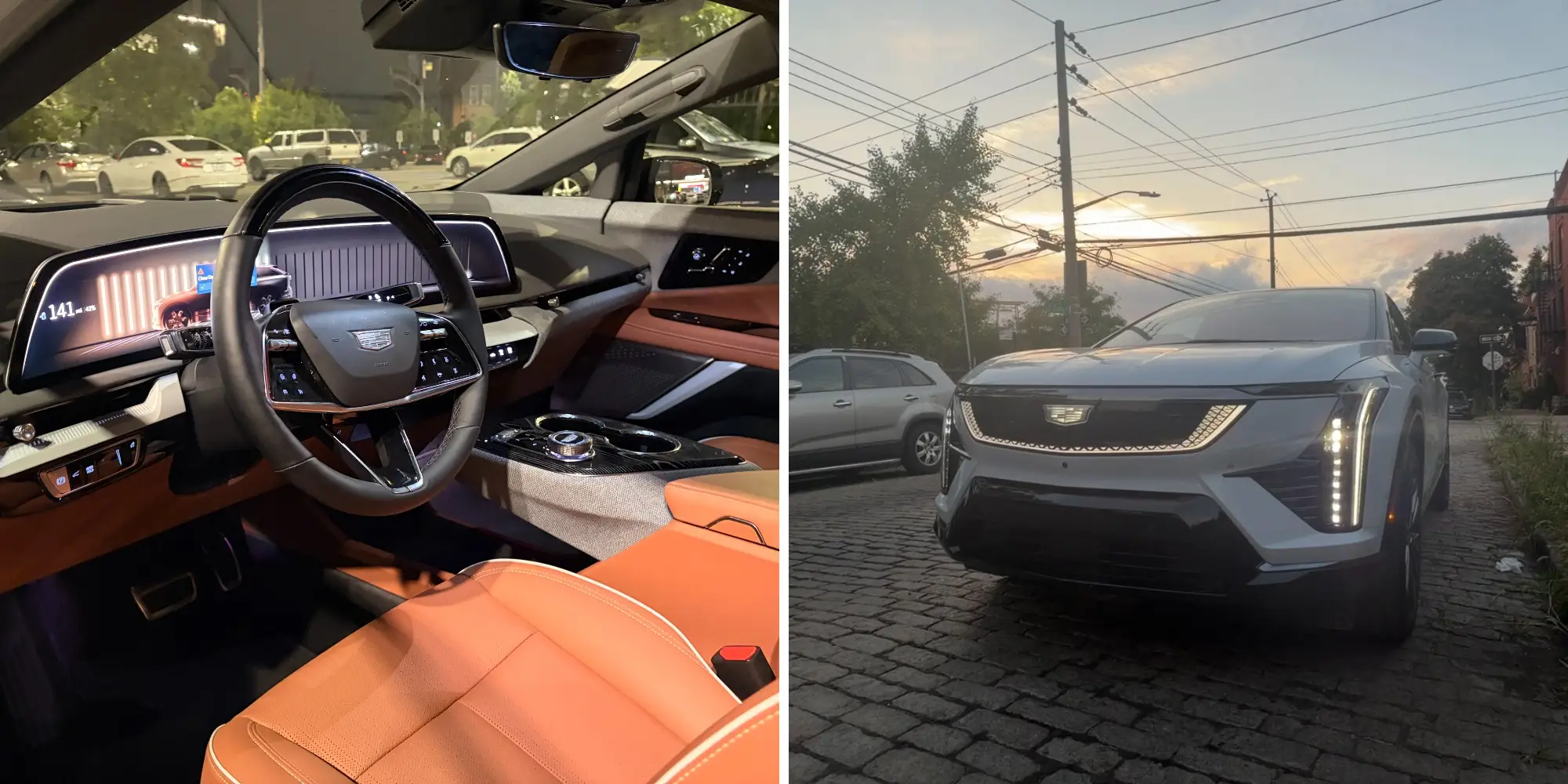 Left: the interior front row of a Cadillac Optiq. Right: the front EV's front grille.